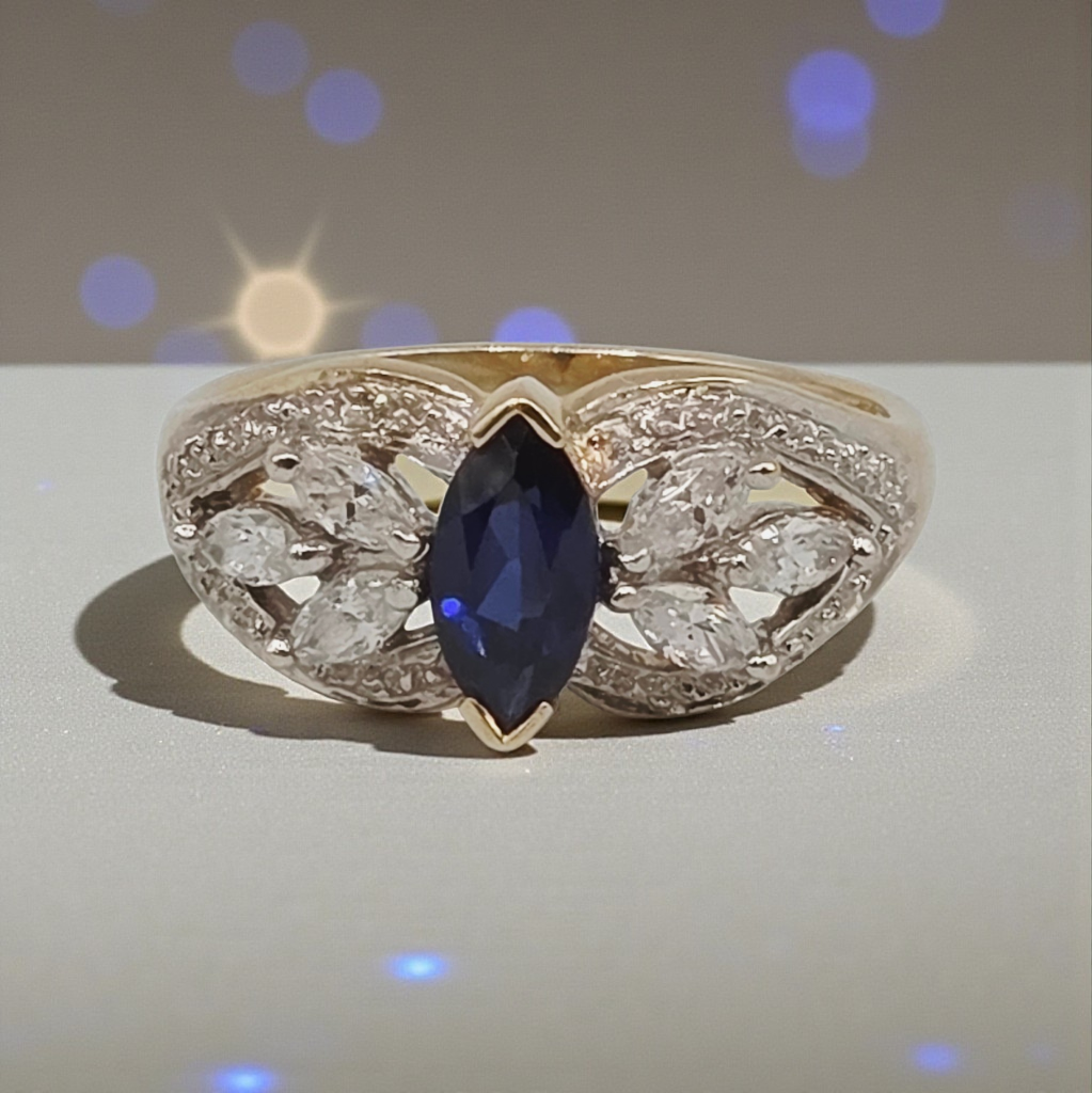 Solid 10K Yellow Gold Ring with Blue Sapphire and CZ Accents – Size 7