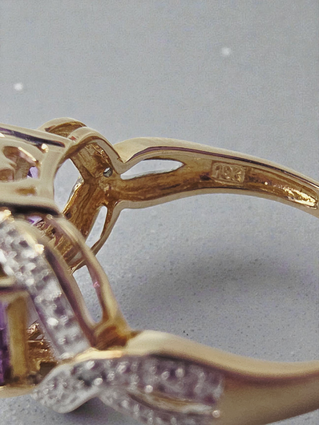 Solid 10K Yellow Gold Ring with Amethysts & Diamond Accents - Size 6.25