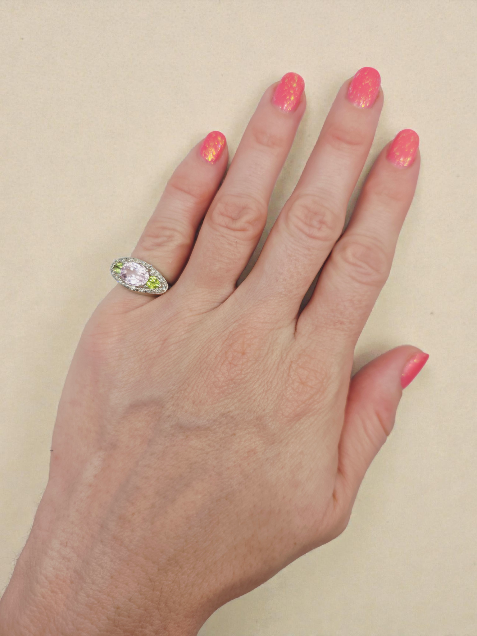 Valitutti Solid 14K White Gold Ring with Morganite, Peridot, and Diamonds - Sz 5