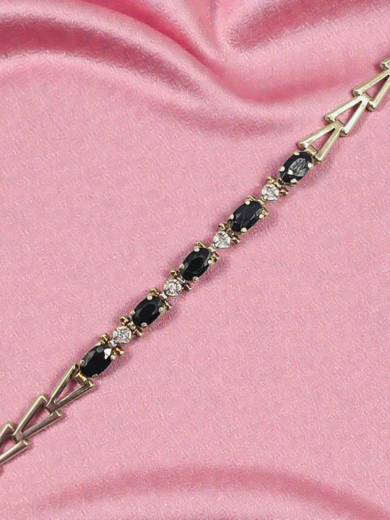 Solid 10K Yellow Gold Bracelet with Blue Sapphires and Diamonds - 7.25 Inch