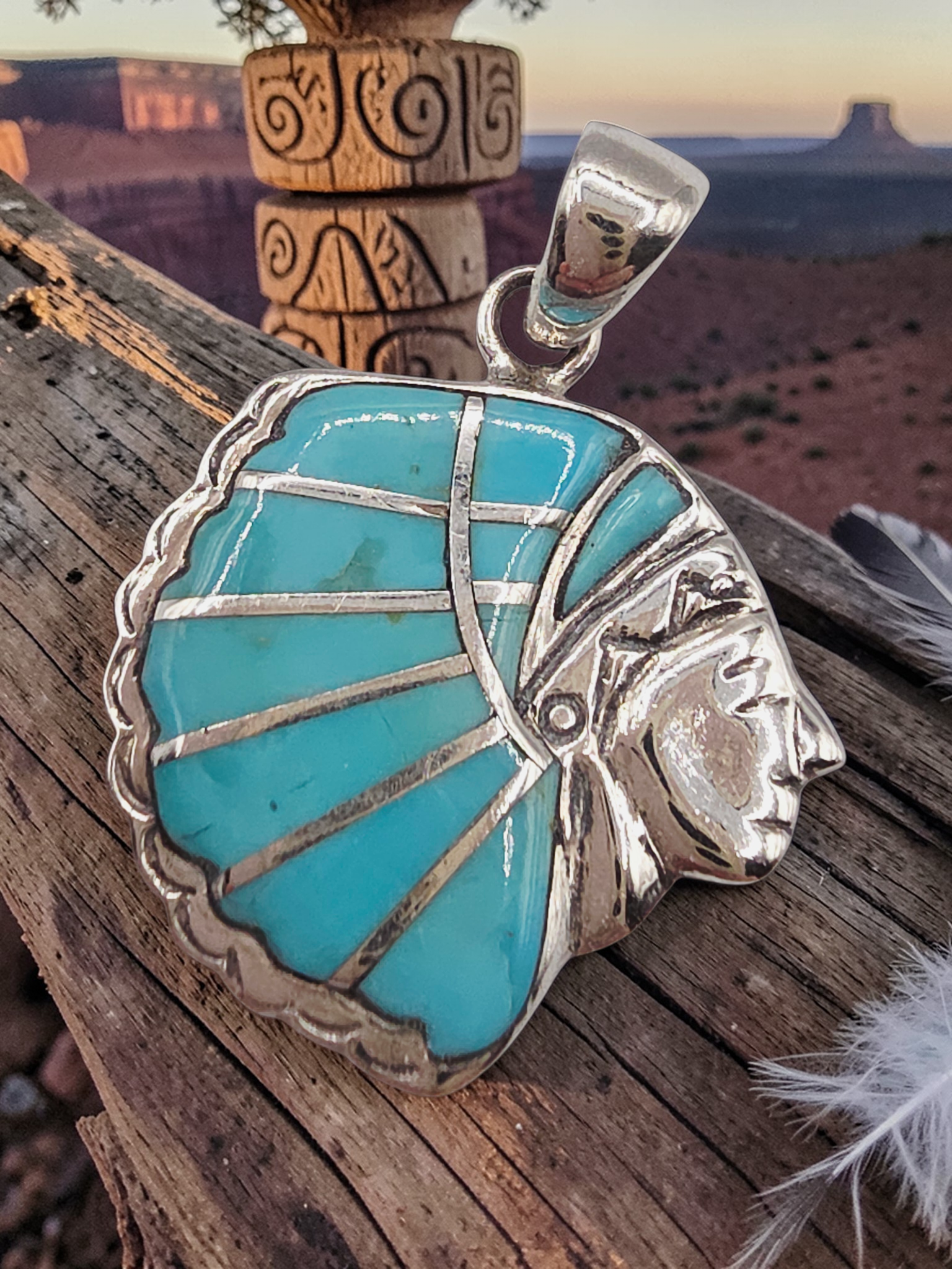 925 Sterling Silver Turquoise Native American Style Southwestern Indian Pendant