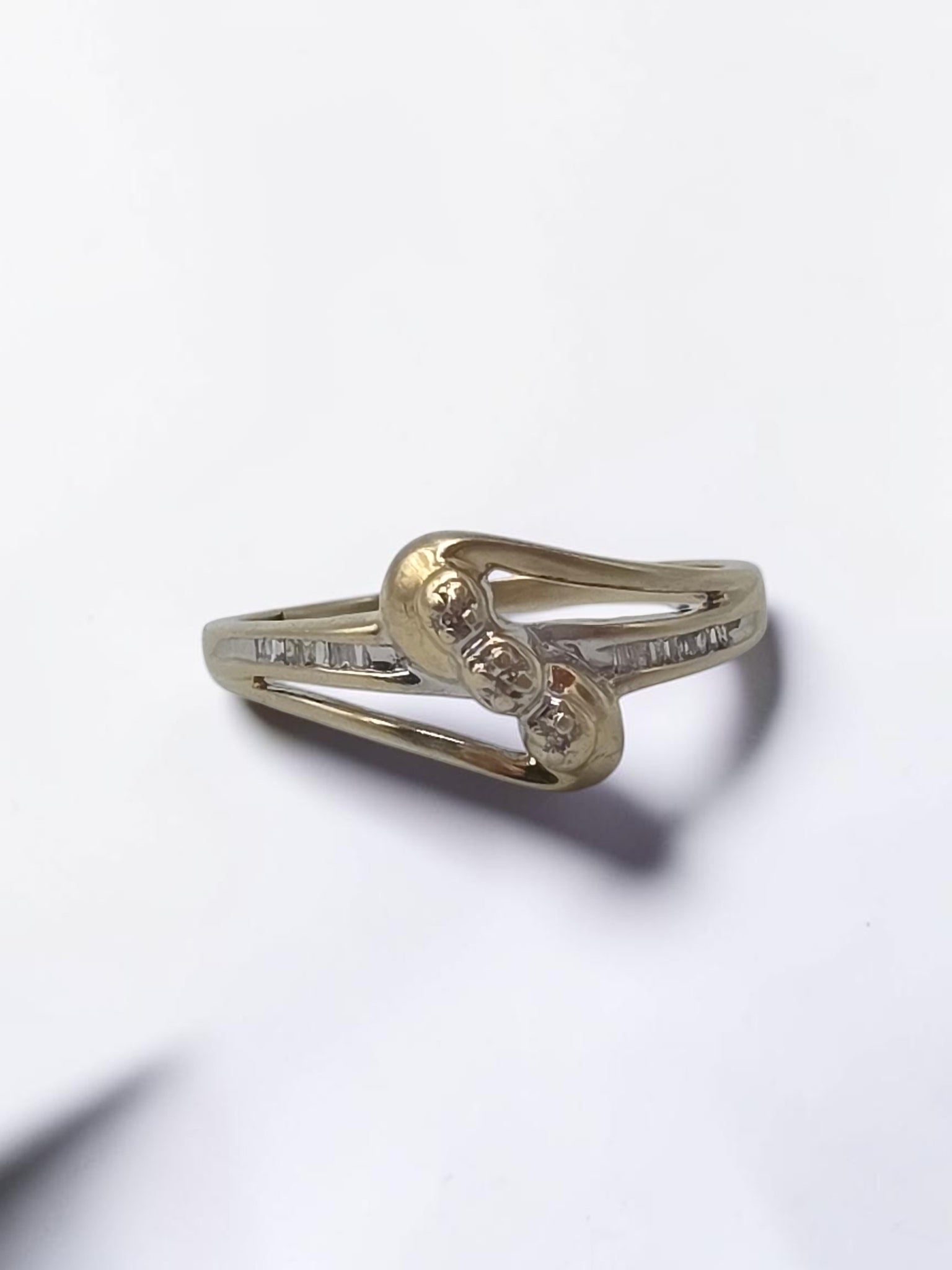 JWBR Solid 10K Yellow Gold Three Stone Baguette Diamond Bypass Ring Size 8.75