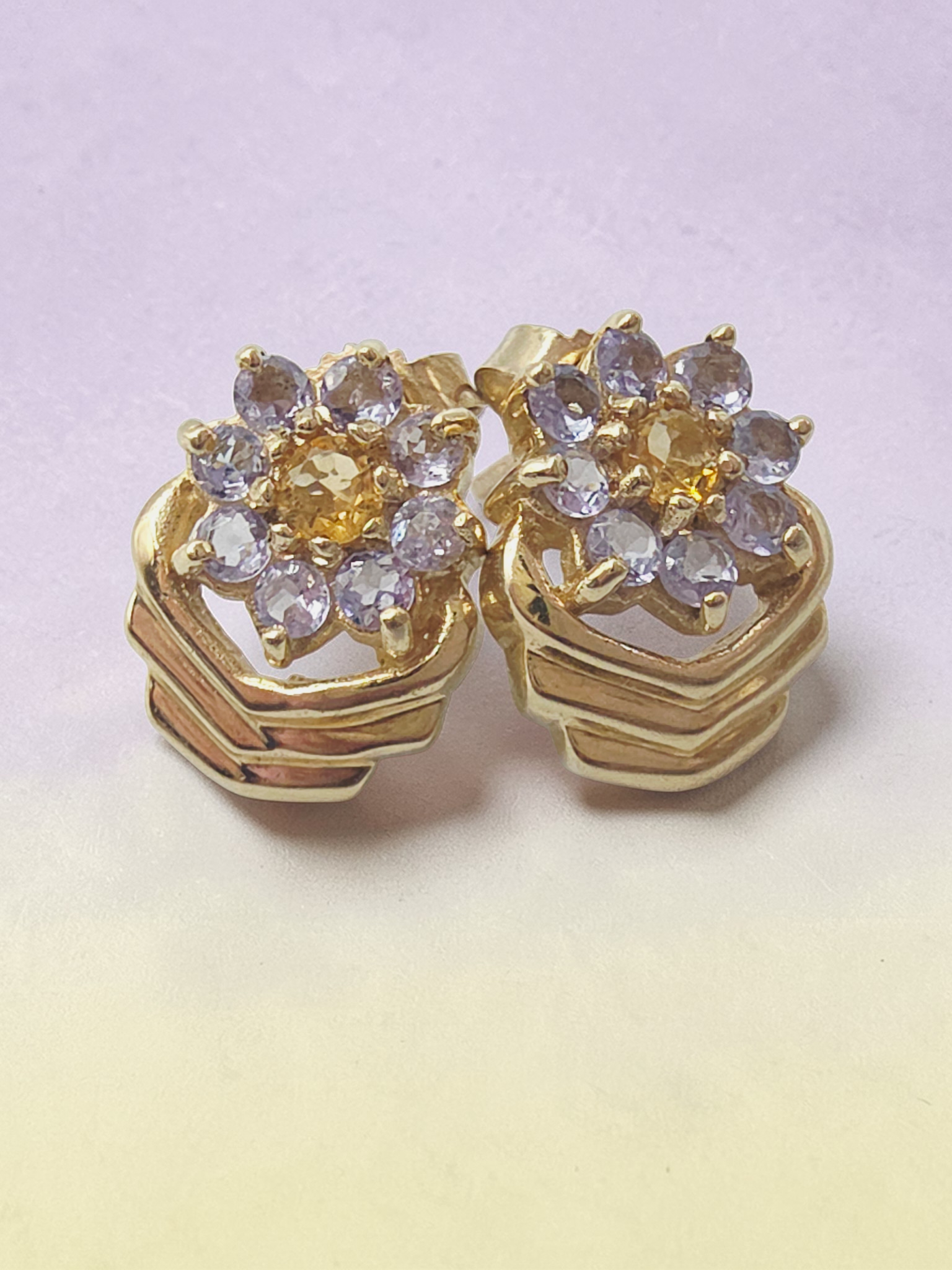 Solid 10K Yellow Gold Citrine & Tanzanite Floral Stud Earrings