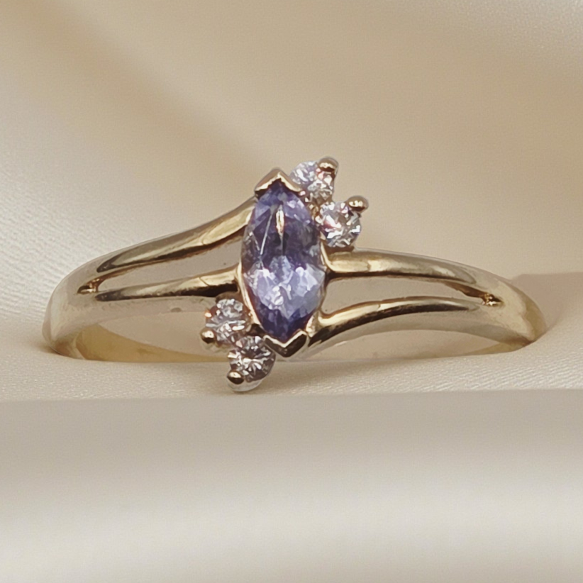 Solid 10K Yellow Gold Ring with Marquise Cut Tanzanite and CZ Accents Size 5.75