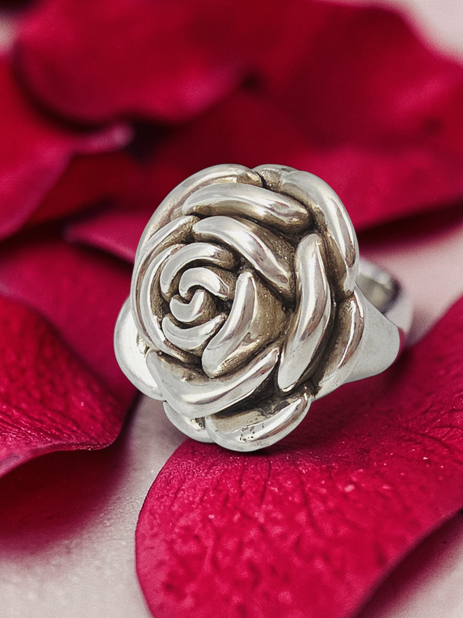 Sterling Silver Rose Flower Statement Ring Botanical Floral – Size 6