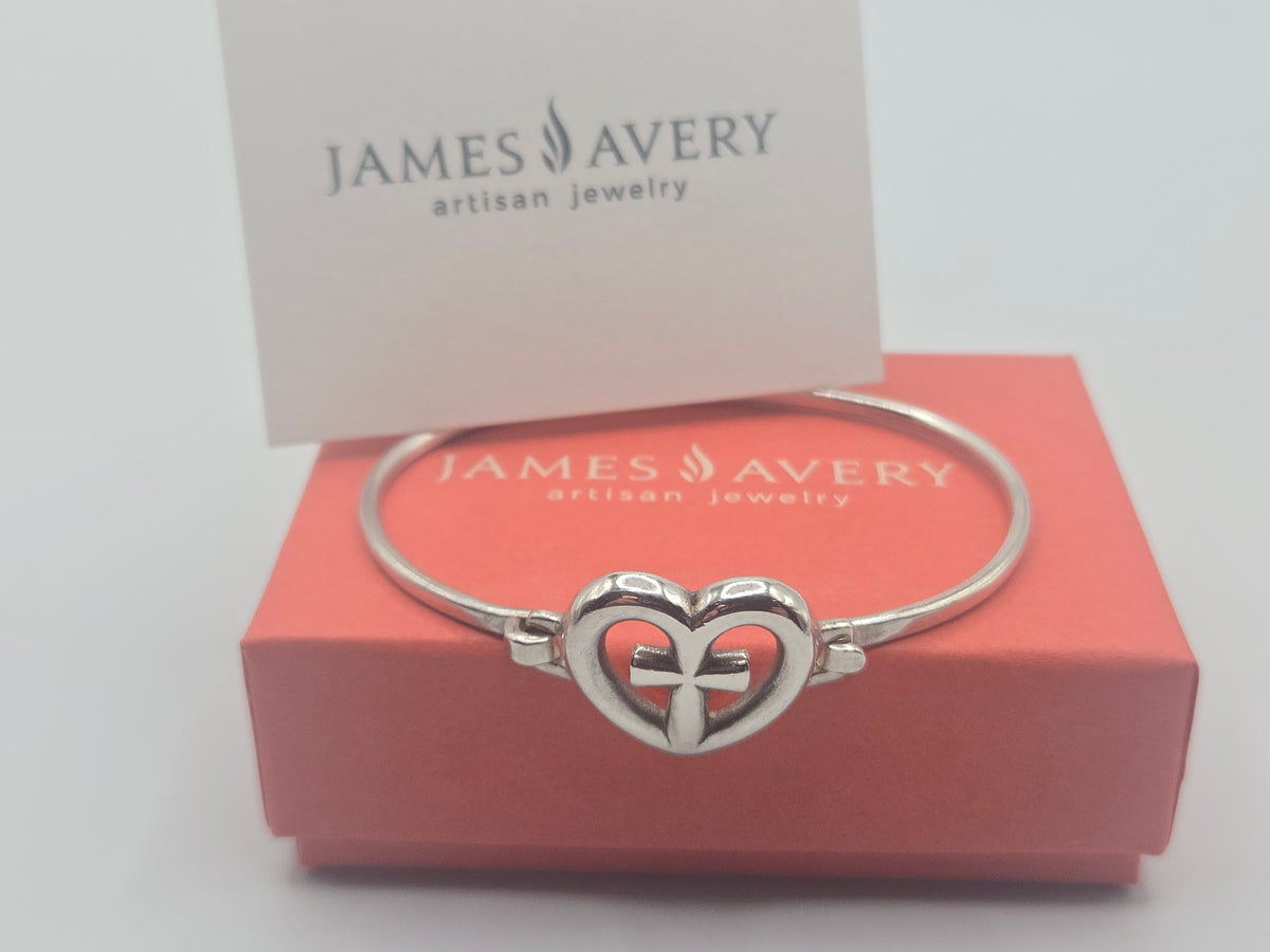 RETIRED James Avery Sterling Silver Heart Cross Hook Bracelet - 6.5 Inch