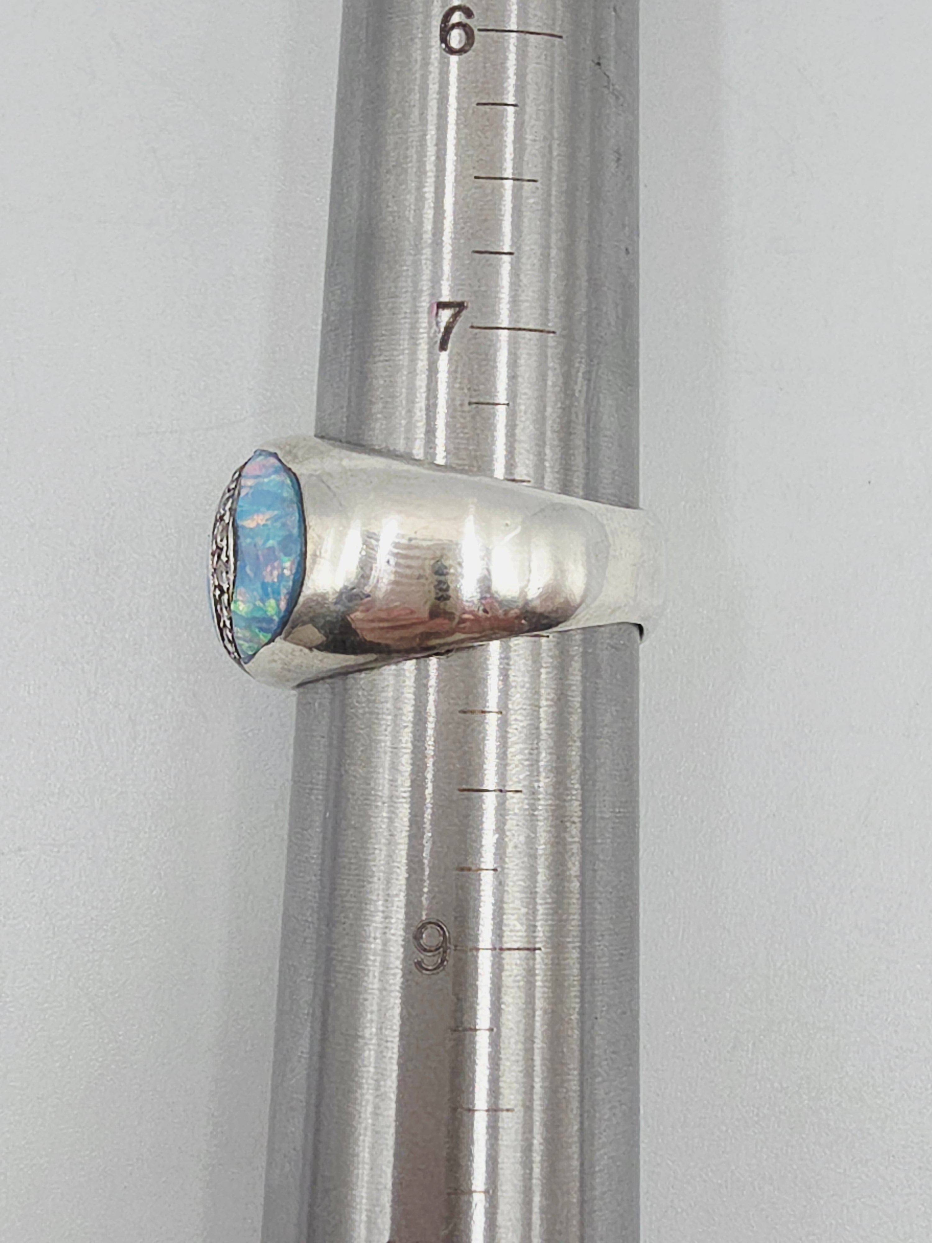 Unique 925 Sterling Silver Ring with Blue Opal and CZ accents - Size 8