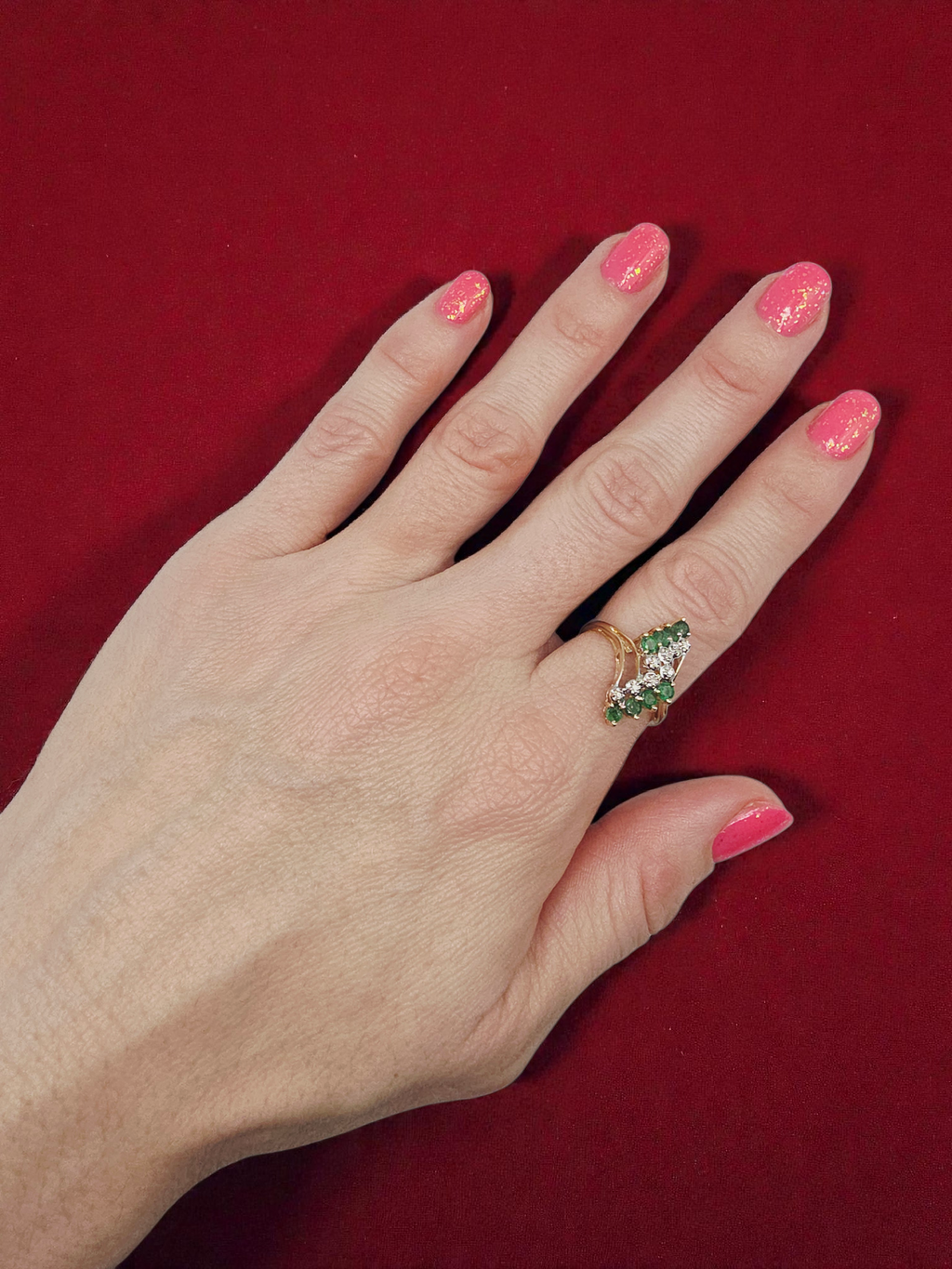 Solid 14K Yellow Gold Ring with Round Cut Emeralds & Diamonds - Size 8