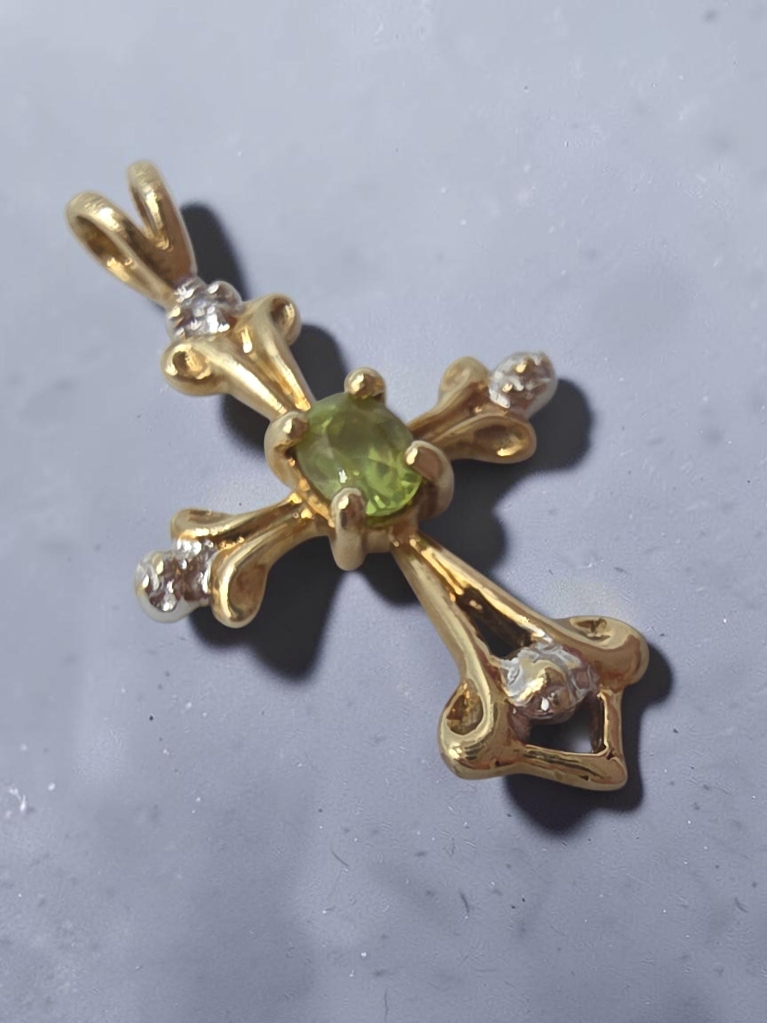 Solid 10K Yellow Gold Oval Peridot Cross Pendant with Diamond Accent