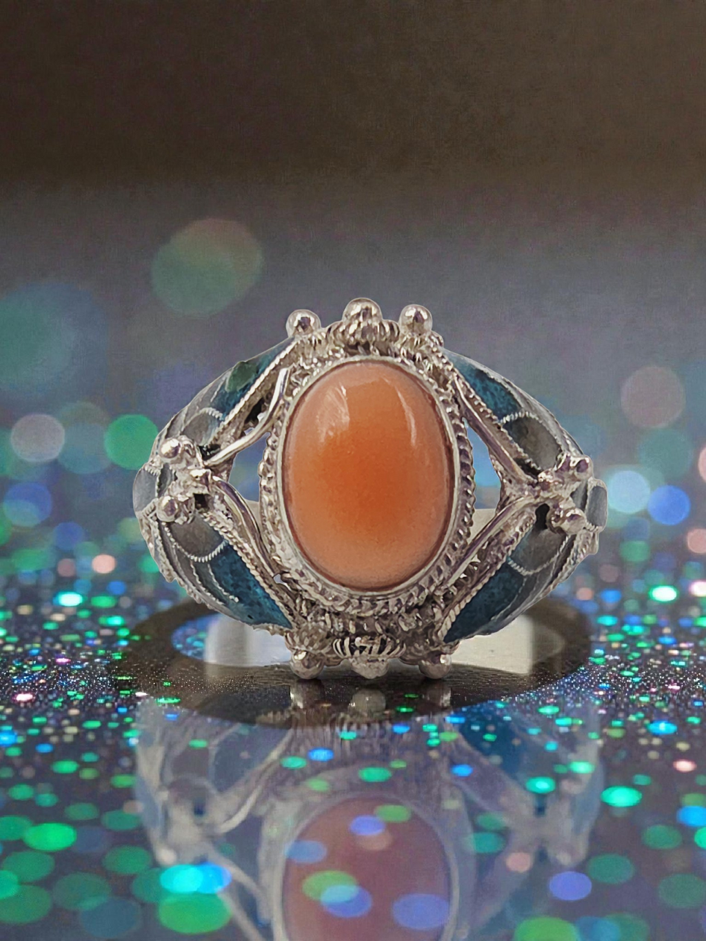 Sterling Silver Salmon Pink Coral Ring with Enamel Butterfly Accents - Size 8