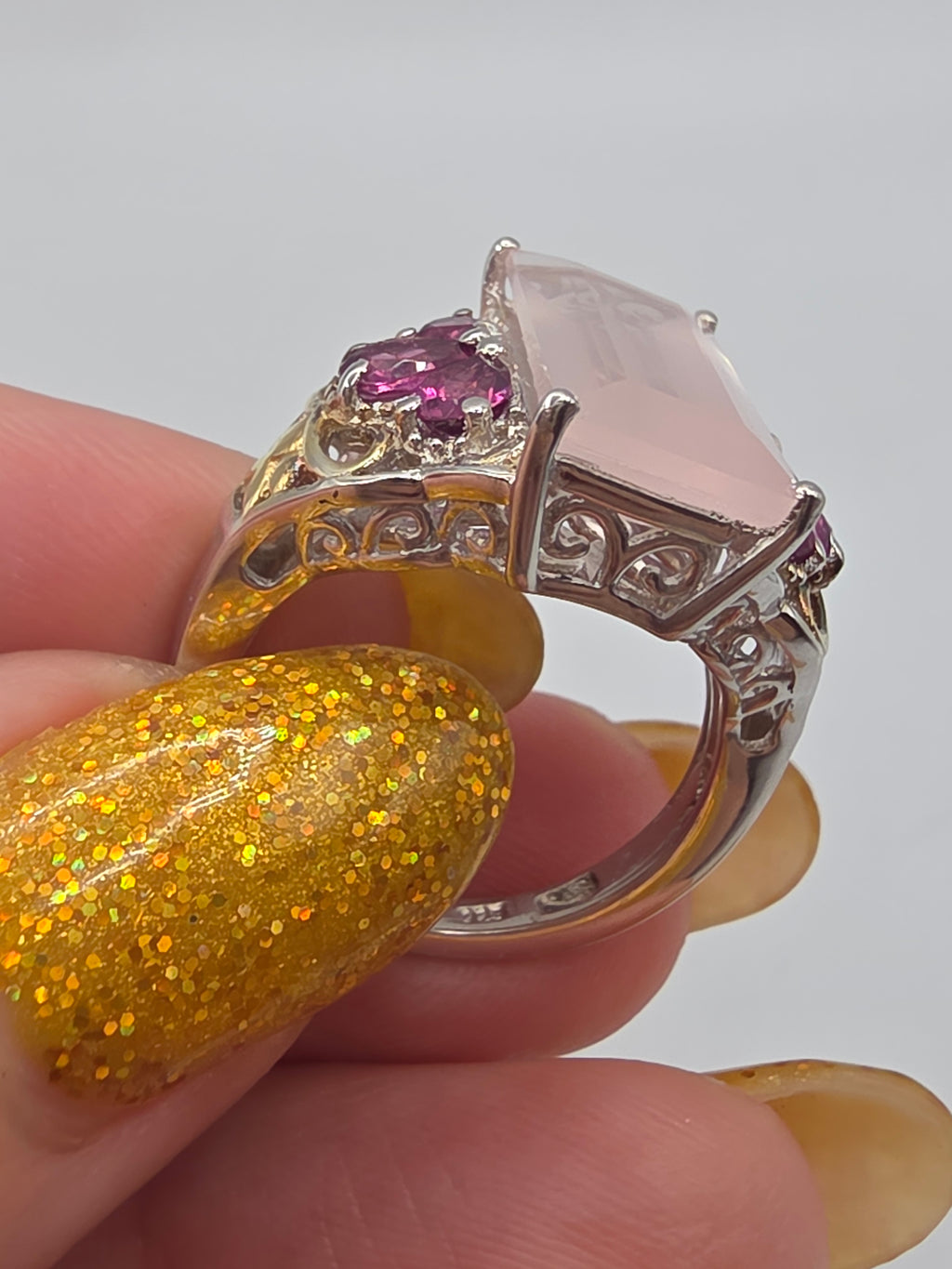 STS Jewels Sterling Silver Pink Quarts & Rhodolite Ring 18K Gold Accents Size 7