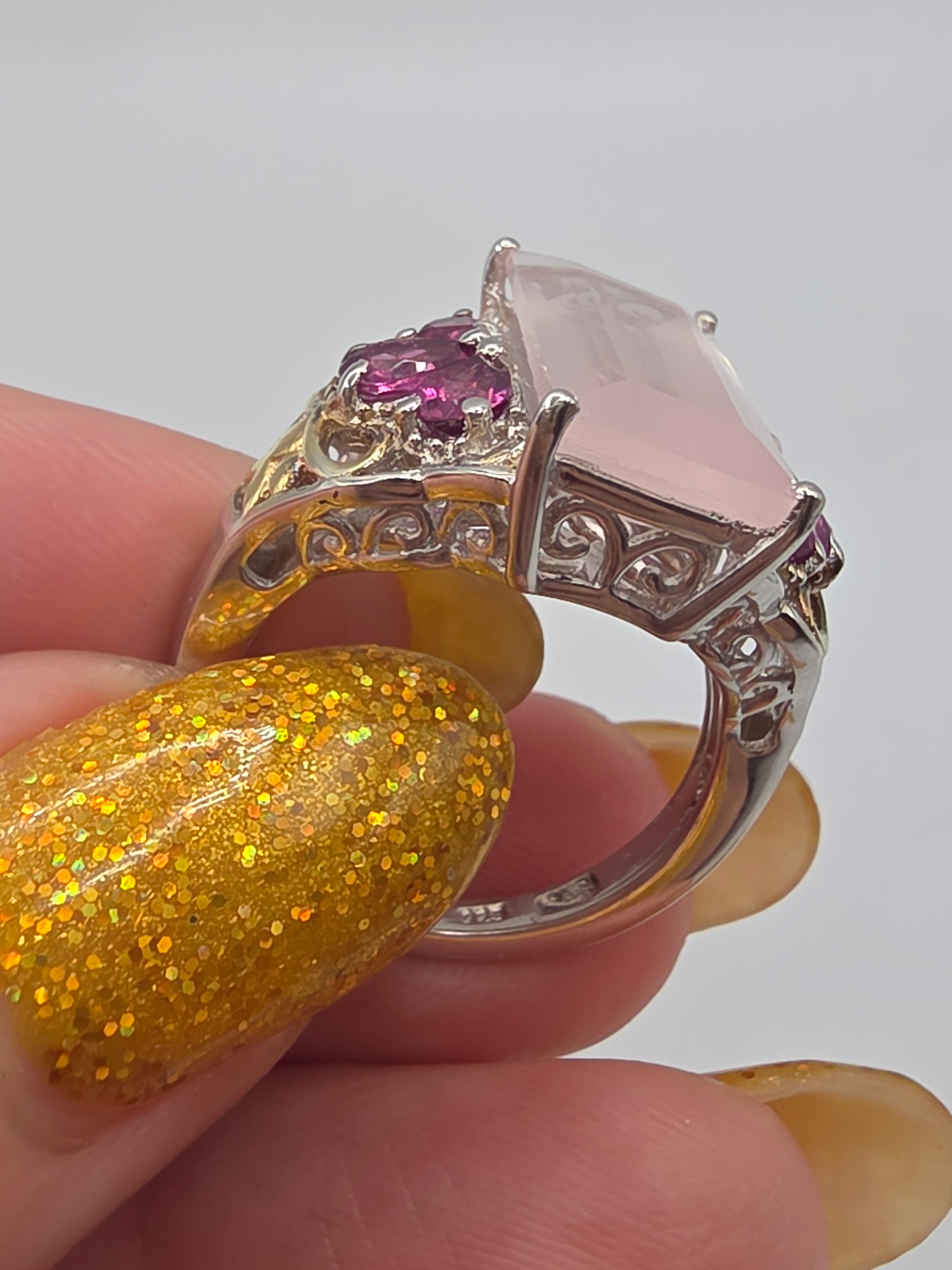 STS Jewels Sterling Silver Pink Quarts & Rhodolite Ring 18K Gold Accents Size 7