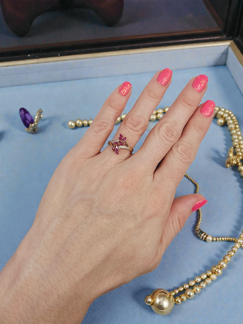 Solid 10K Gold Ring with Marquise-Cut Ruby Cluster & Diamond Accents - Size 6.75