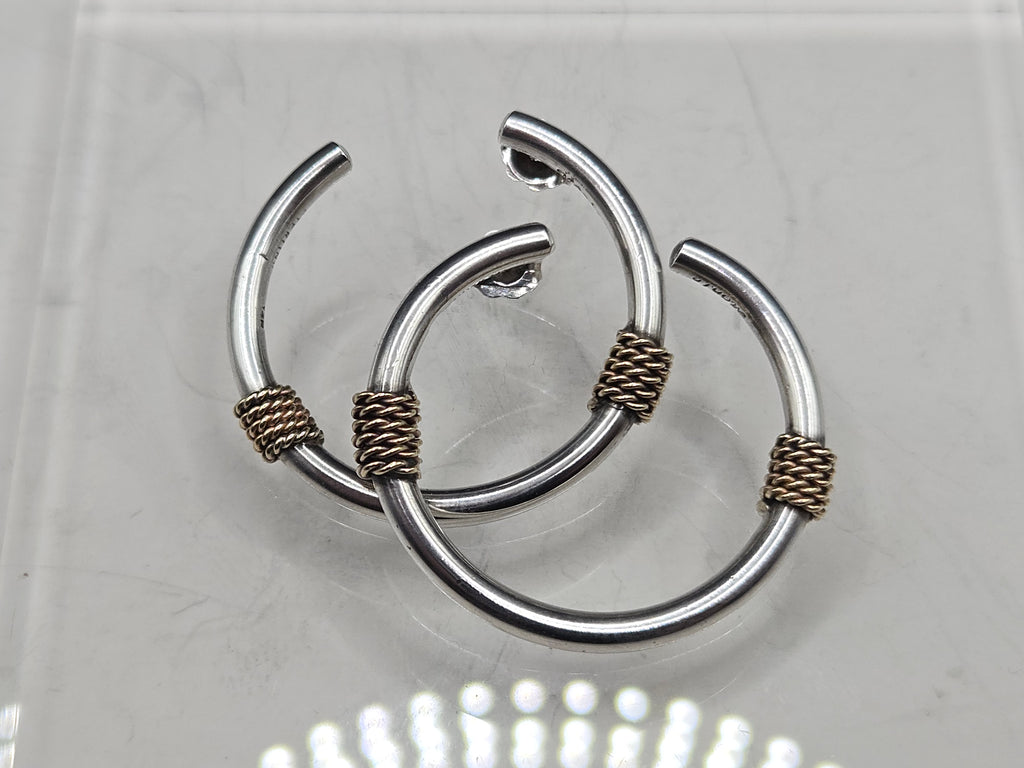 925 Sterling Silver Solid 14K Gold Bali Style Two Tone Rope Wrap Hoop Earrings