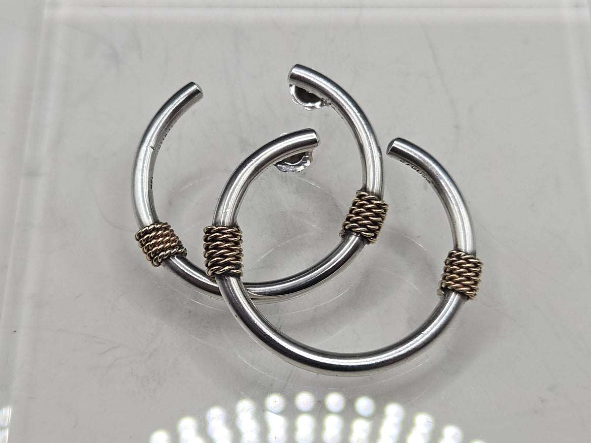 925 Sterling Silver Solid 14K Gold Bali Style Two Tone Rope Wrap Hoop Earrings