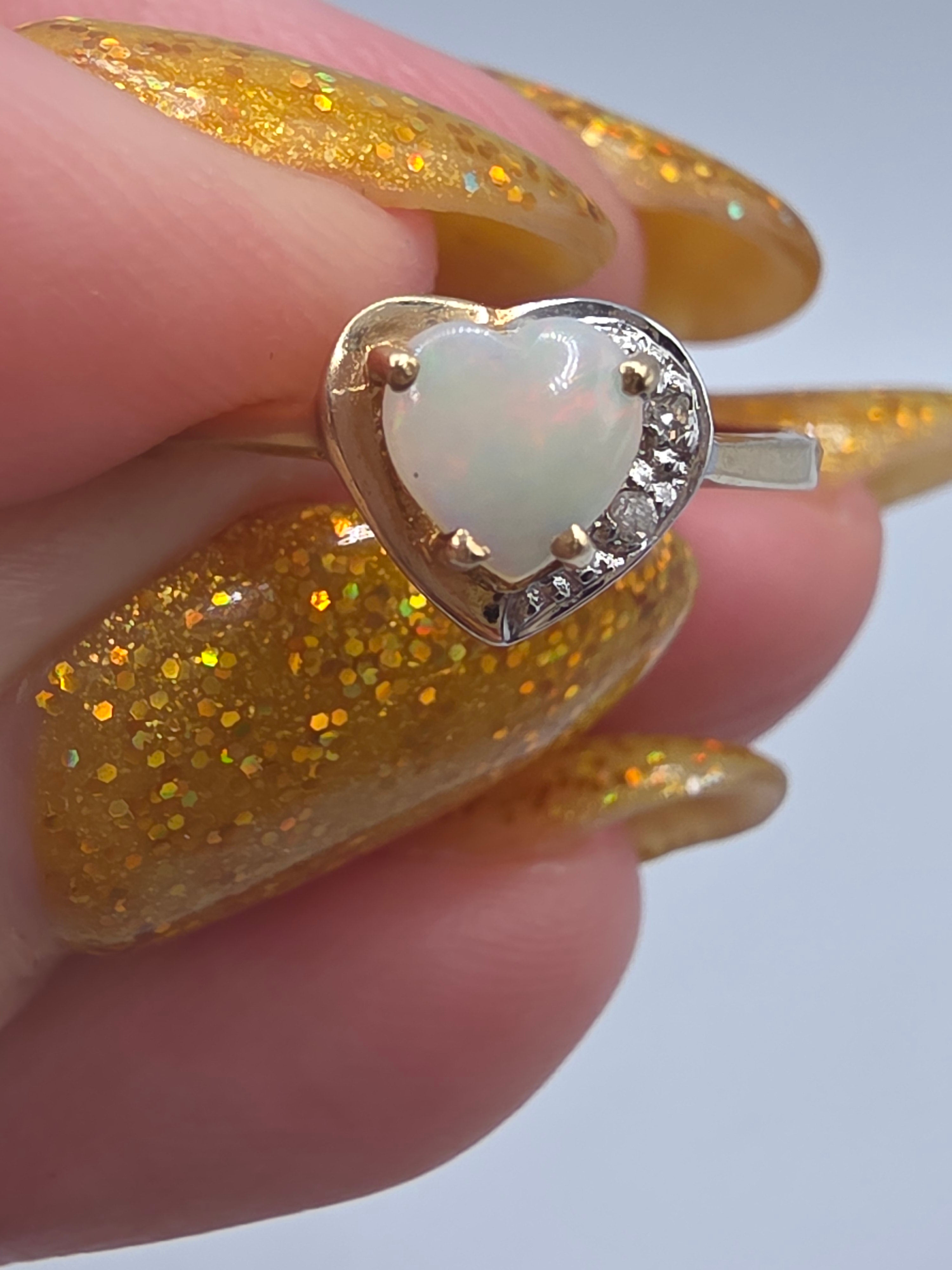 Solid 10K Yellow Gold Heart Cut Opal Ring with Natural Diamond Accents Size 6.25