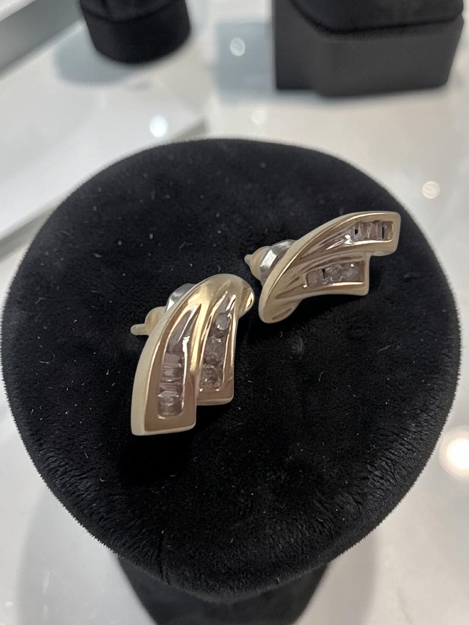 Solid 10K Yellow Gold Round & Baguette Diamond Swirl Stud Earrings