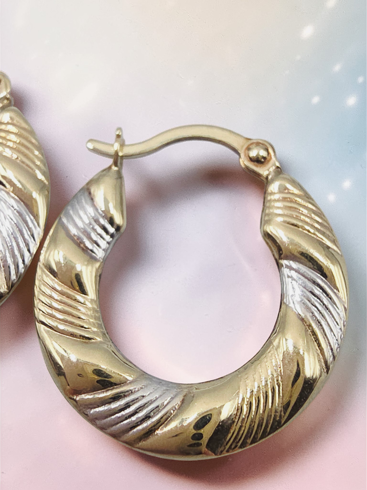 Solid 10K Two-Tone Gold Ribbed Textured Hoop Earrings