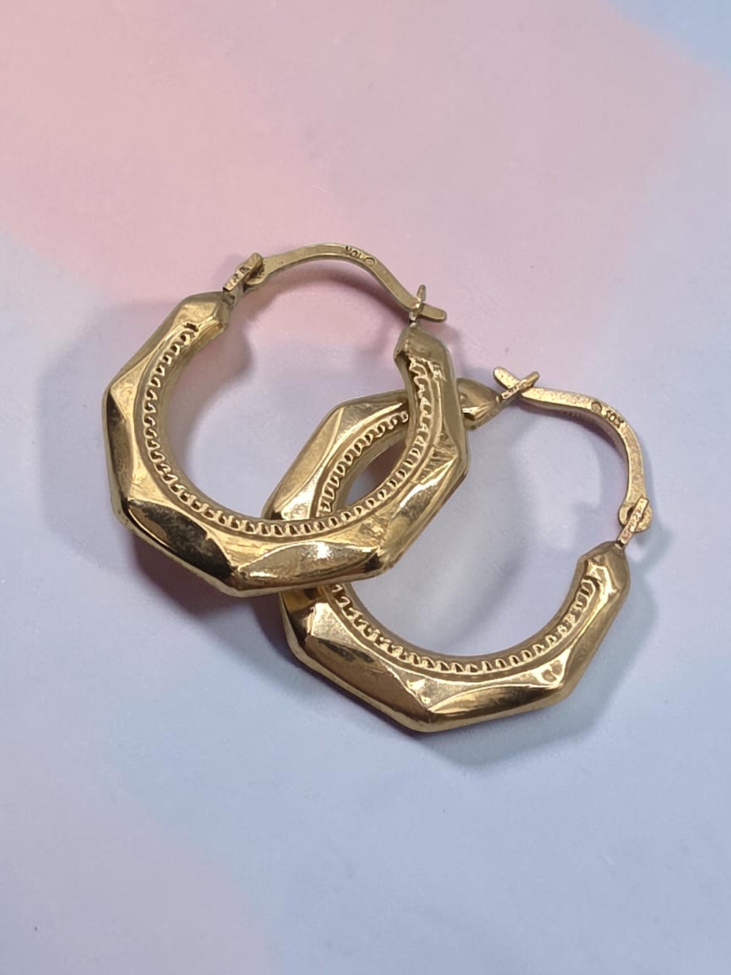 Vintage Solid 10K Yellow Gold Faceted Octagon Creole Hoop Earrings