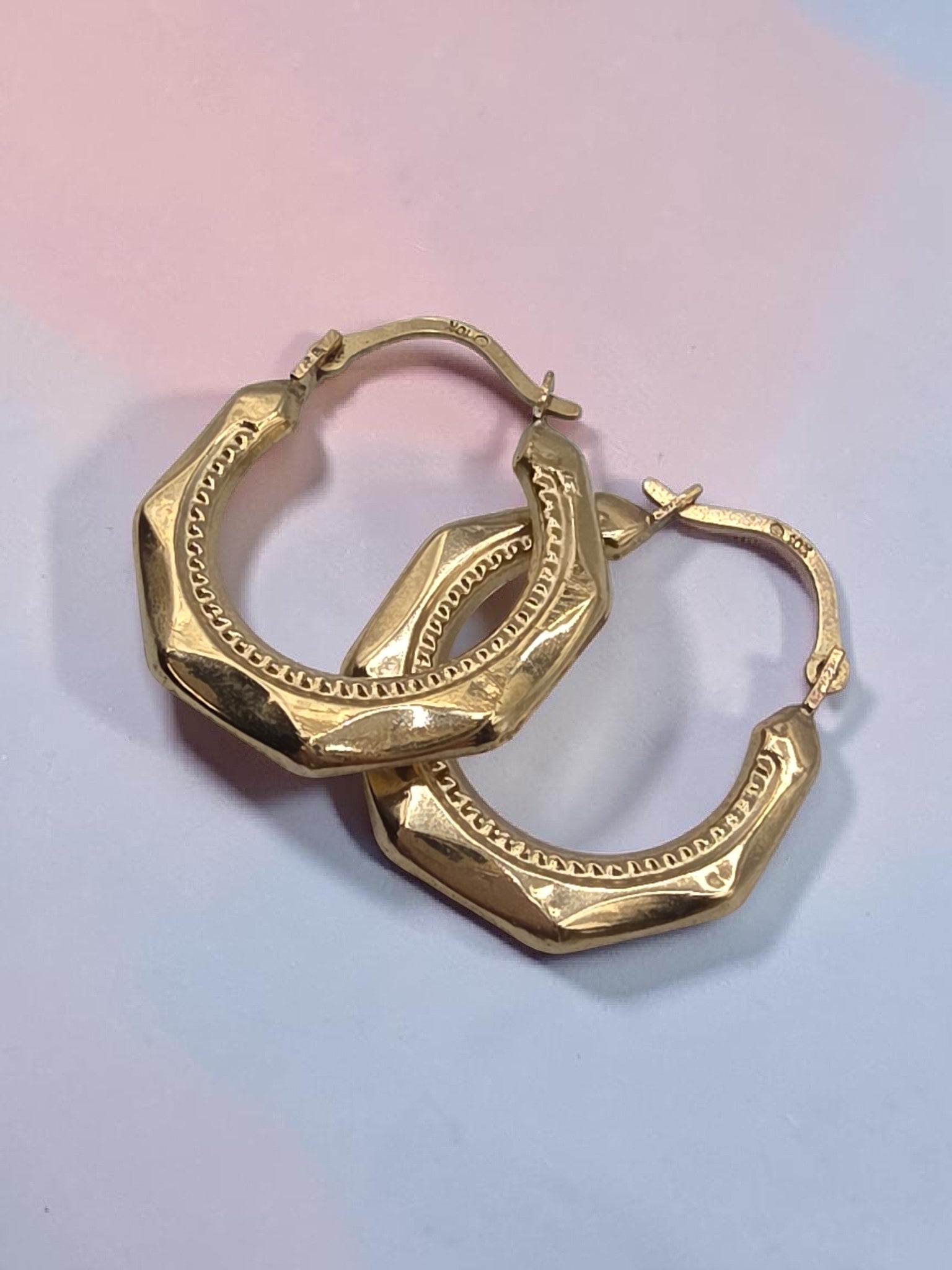 Vintage Solid 10K Yellow Gold Faceted Octagon Creole Hoop Earrings