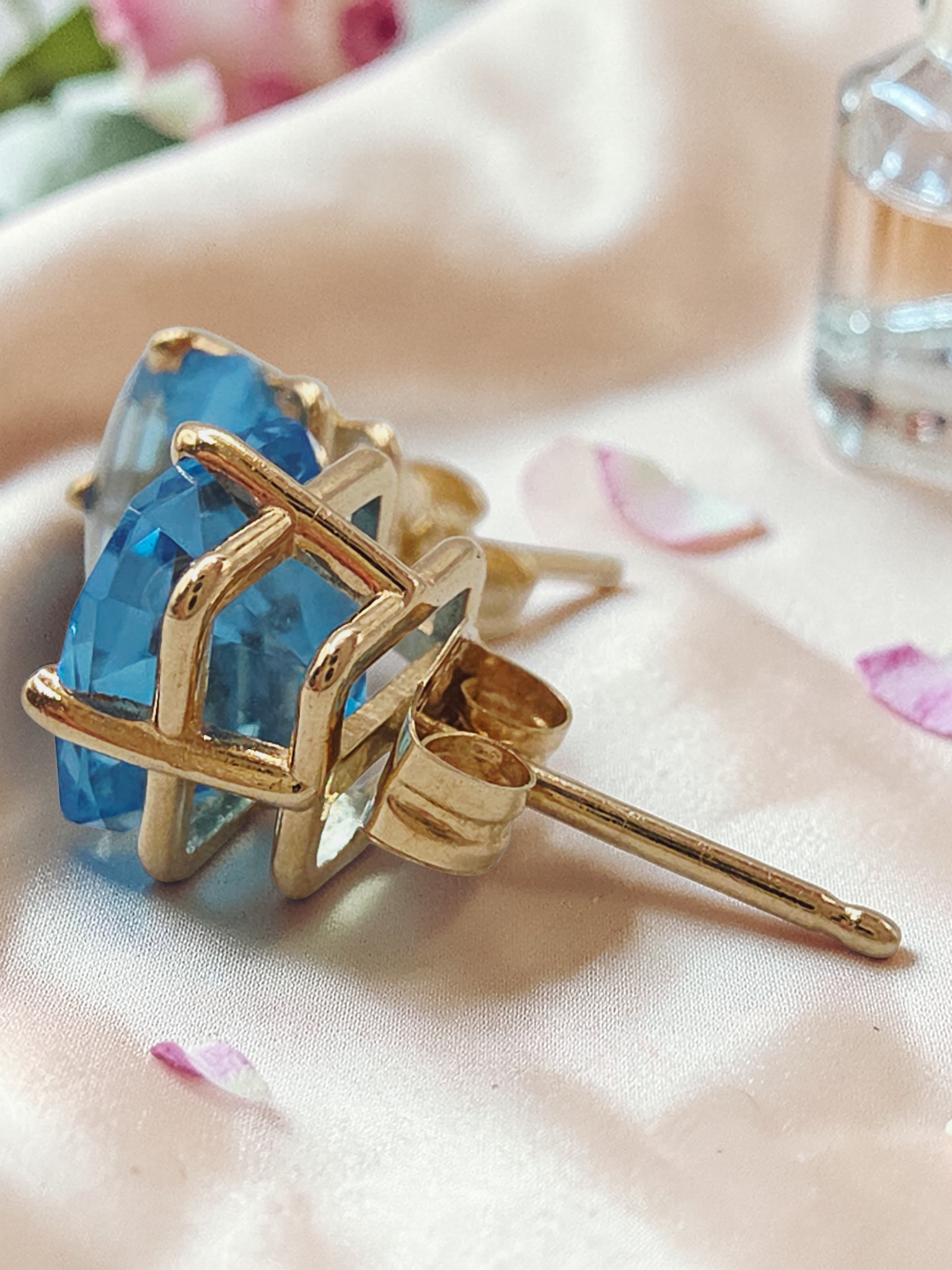 Solid 14K Yellow Gold Cushion Cut Blue Topaz Stud Earrings