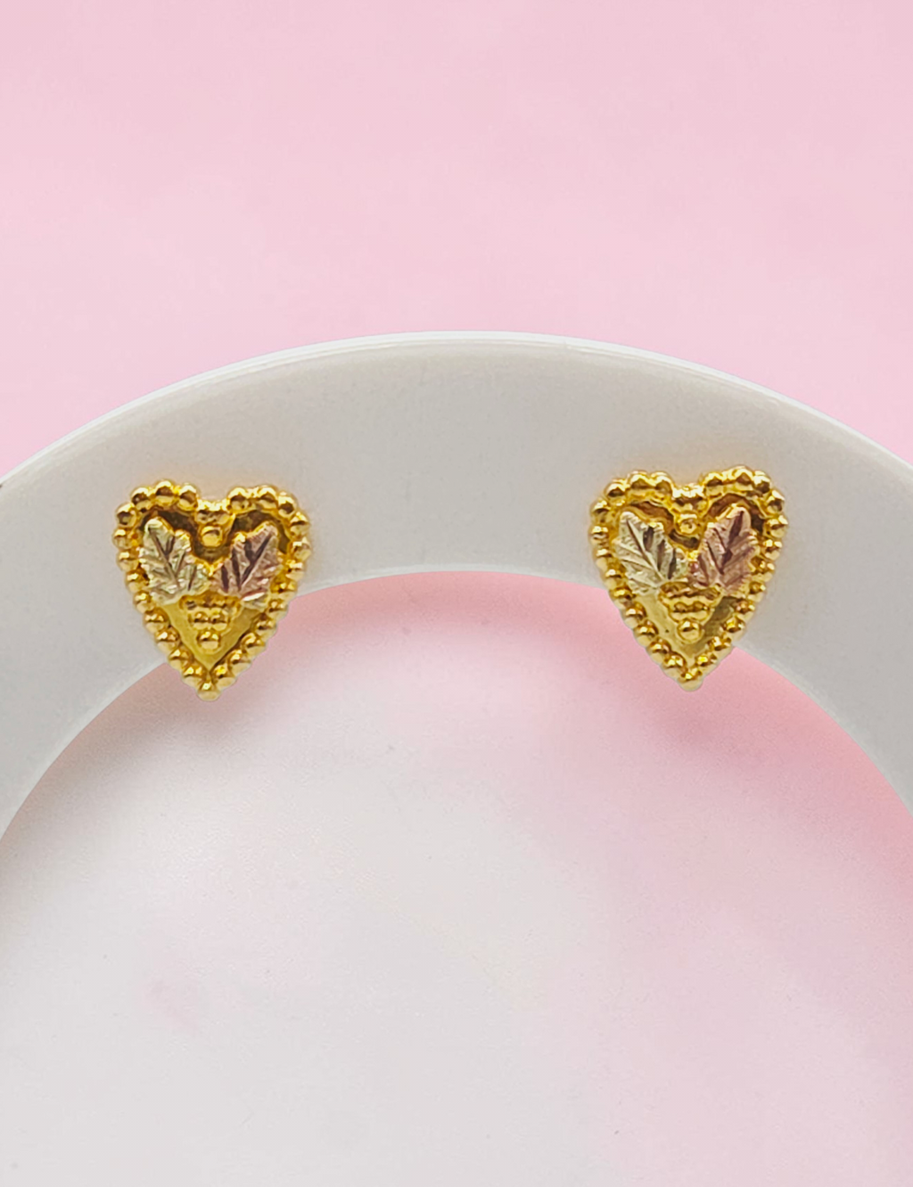 Black Hills Solid 14K Tri Color Gold Grape Leaf Beaded Heart Stud Earrings