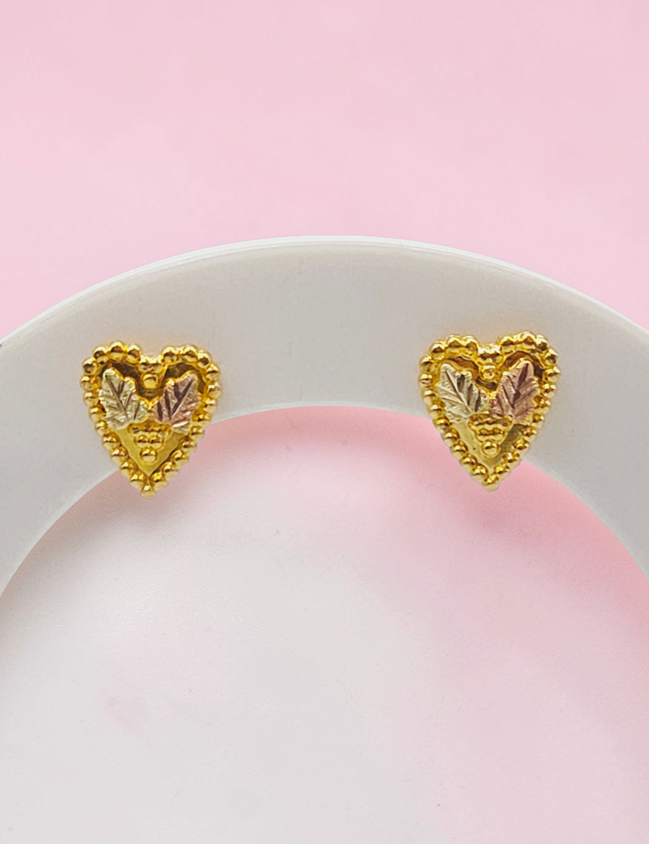 Black Hills Solid 14K Tri Color Gold Grape Leaf Beaded Heart Stud Earrings