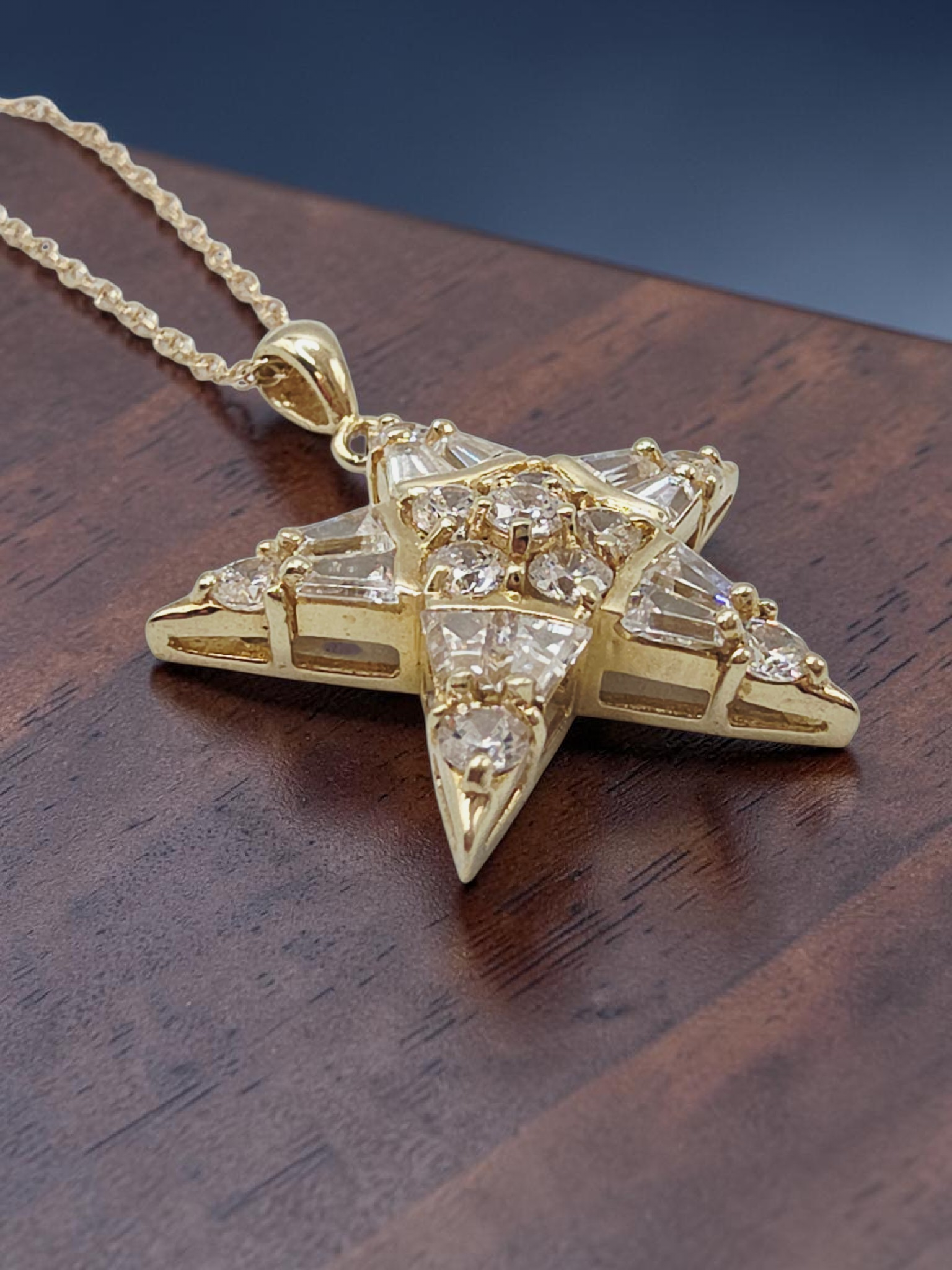 Solid 14K Yellow Gold CZ Star Pendant Necklace - 18 Inch