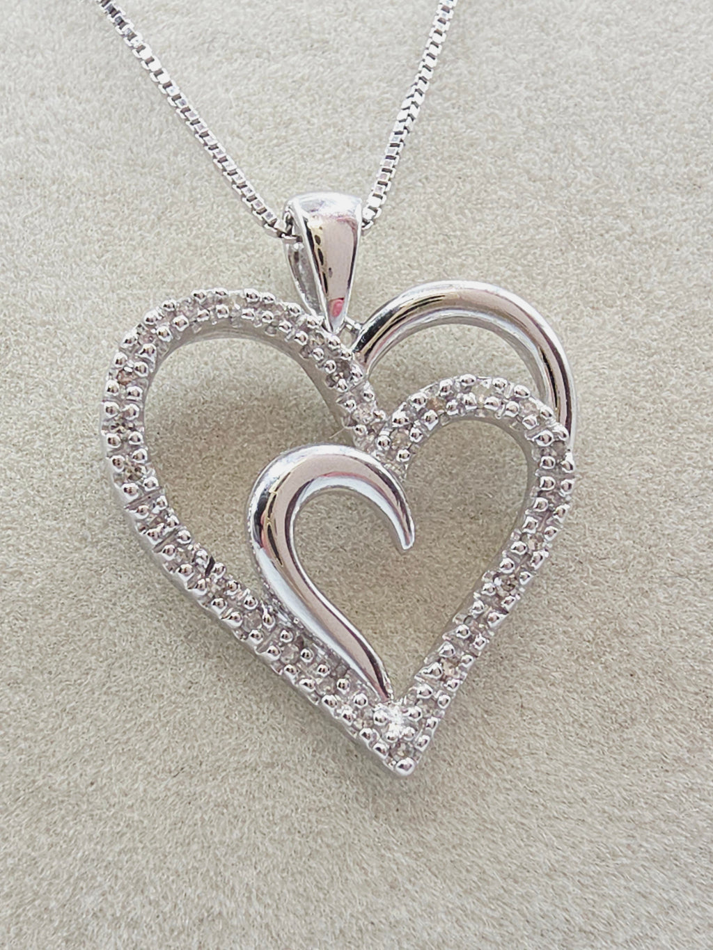 Sun Jewelry 925 Sterling Silver Double Heart Diamond Pendant Necklace - 18 Inch