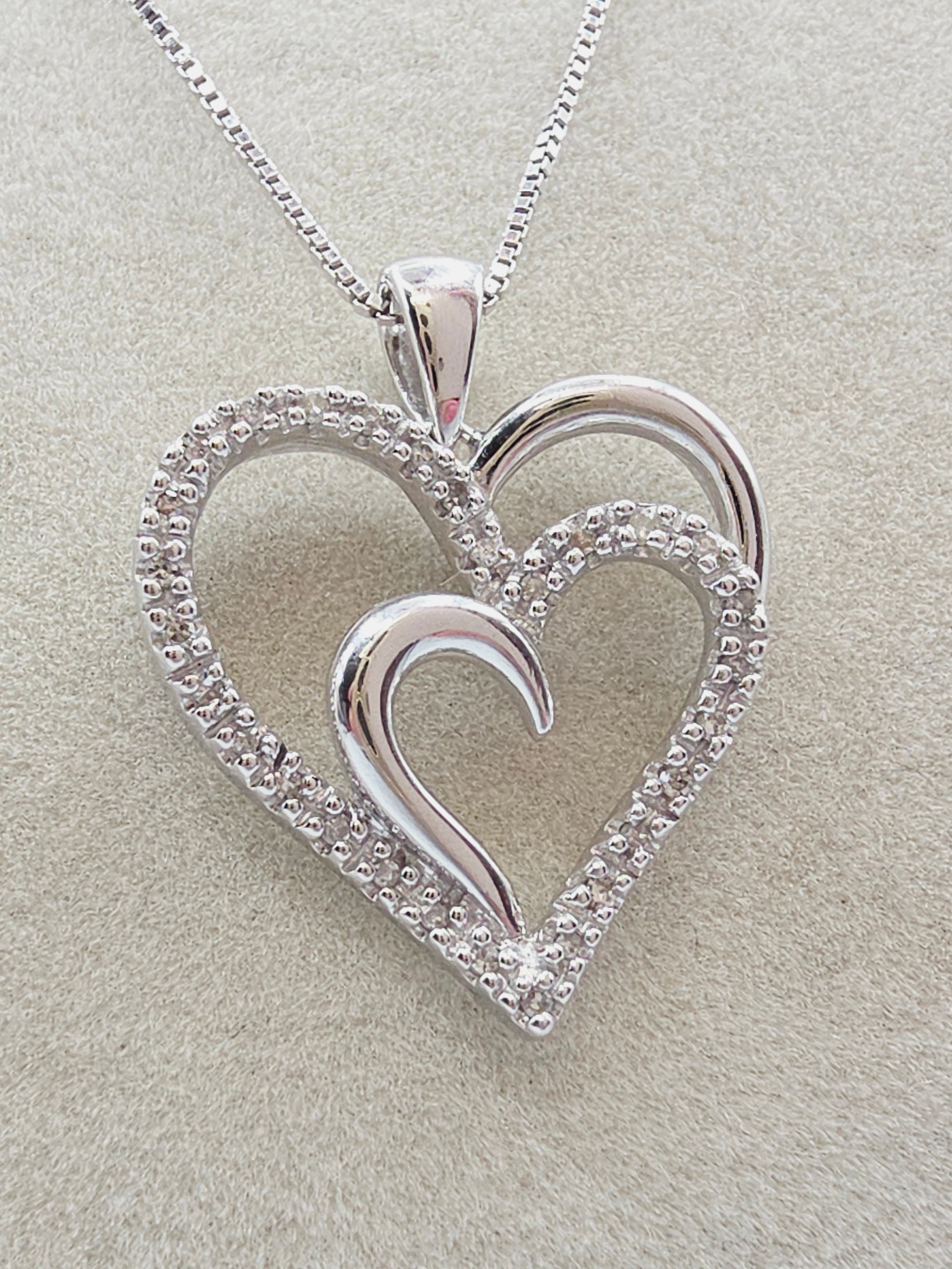 Sun Jewelry 925 Sterling Silver Double Heart Diamond Pendant Necklace - 18 Inch