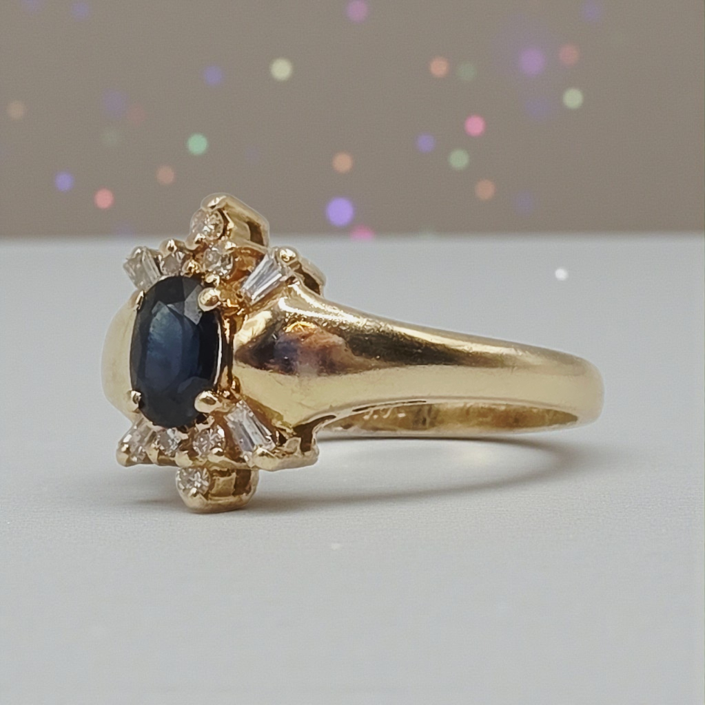 Solid 14K Yellow Gold Ring with Blue Sapphire and Diamond Accents – Size 6.5