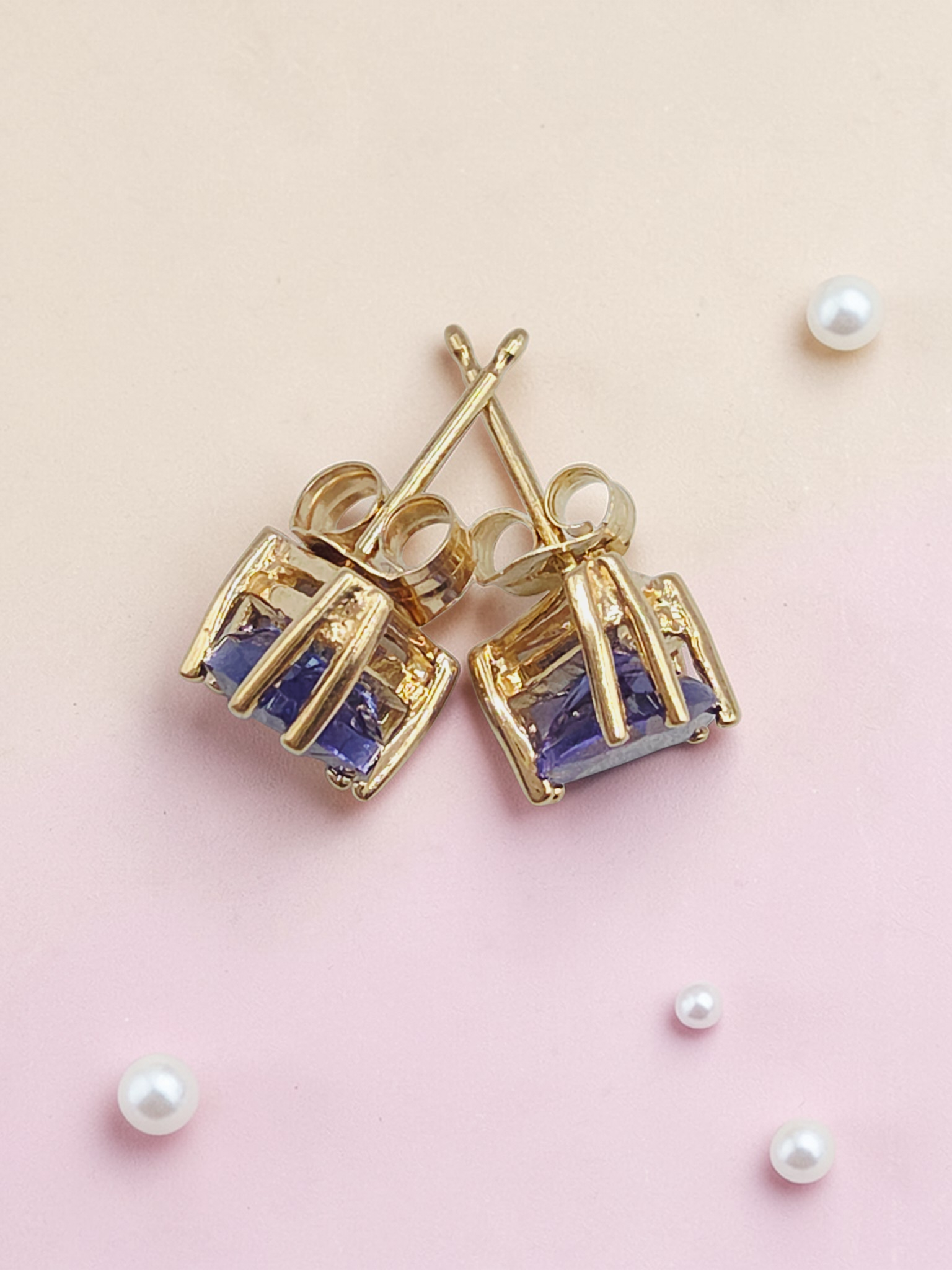 Solid 14K Yellow Gold Trillion Cut Iolite Stud Earrings - Eagle Prongs
