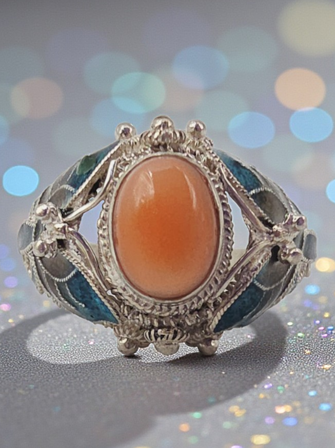 Sterling Silver Salmon Pink Coral Ring with Enamel Butterfly Accents - Size 8