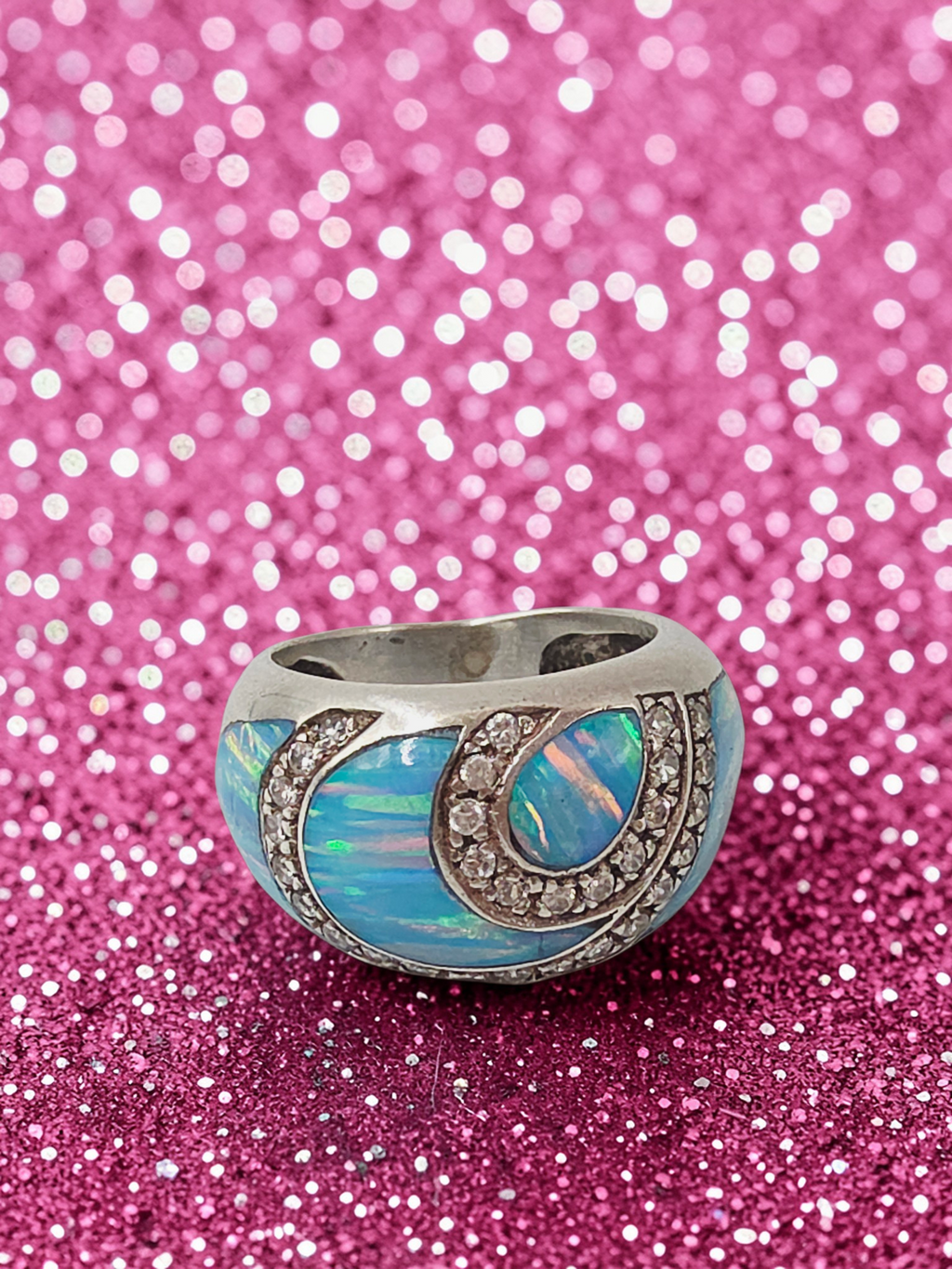 Unique 925 Sterling Silver Ring with Blue Opal and CZ accents - Size 8