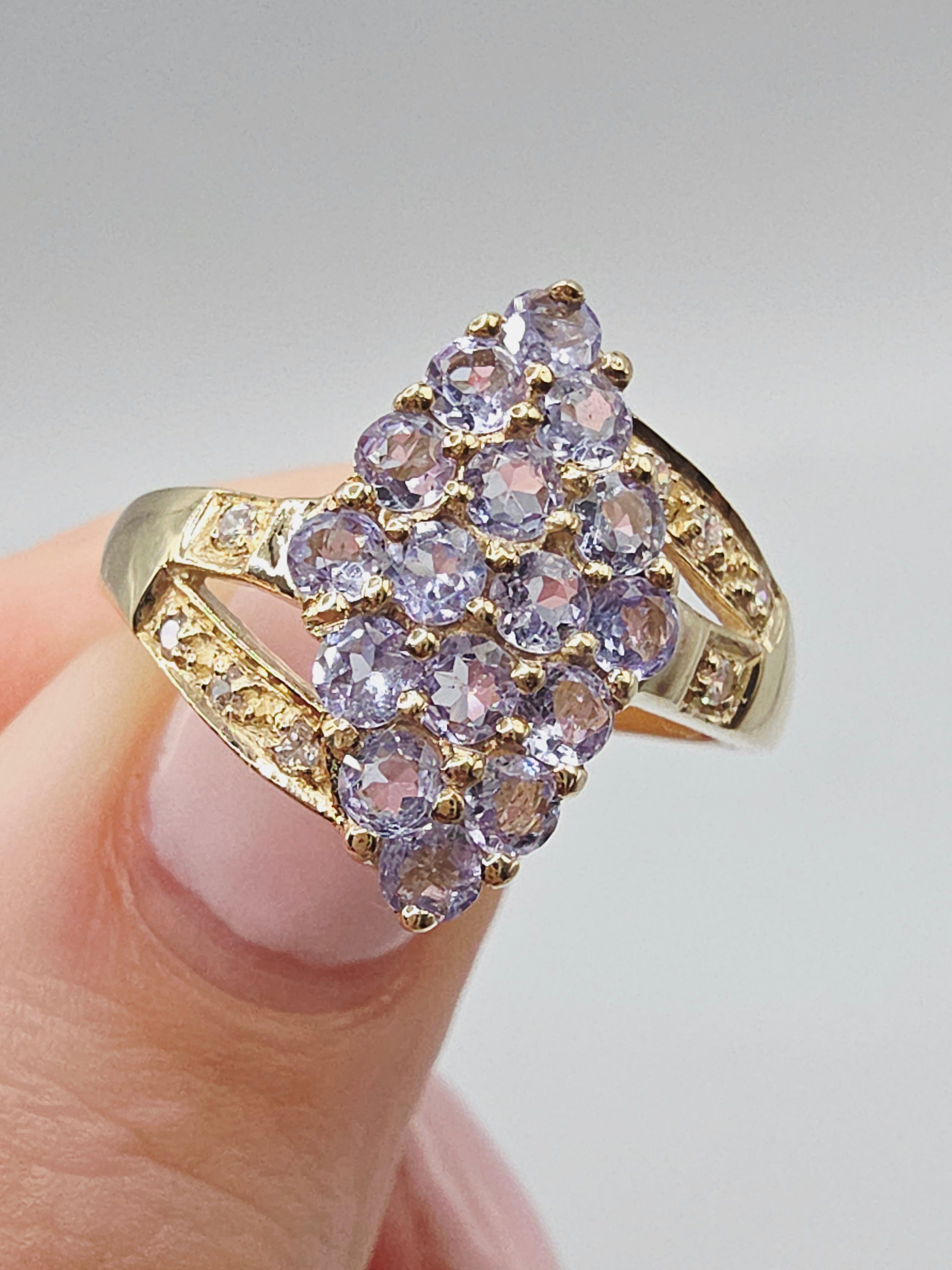 Solid 10K Yellow Gold Tanzanite Cluster Ring - Size 8