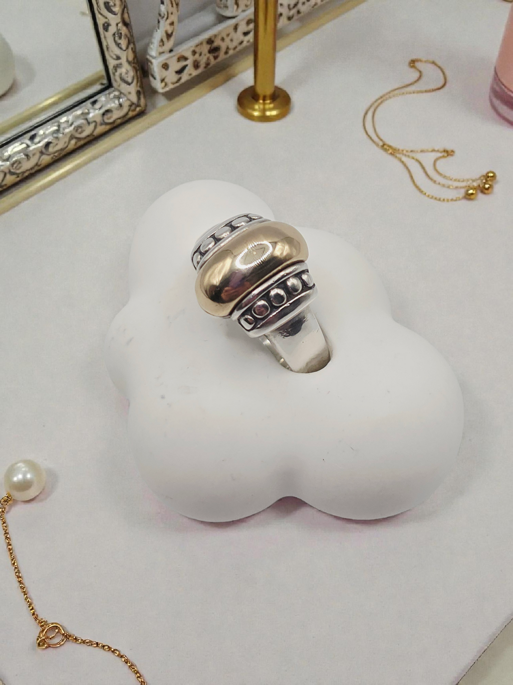 RETIRED James Avery Sterling Silver Beaded Ring with Solid 14K Gold Dome - 4.75