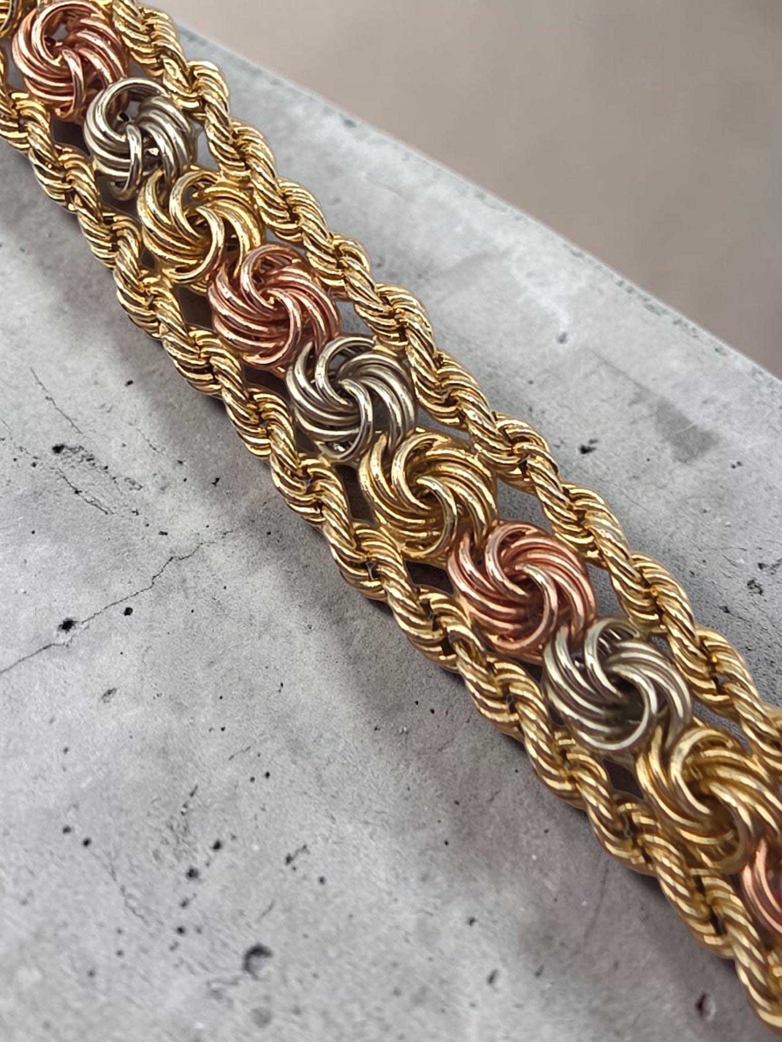 RESERVED AAJ Solid 14K Tri Color Gold  Rosetta Knot Link Chain Bracelet - 7.5 Inch