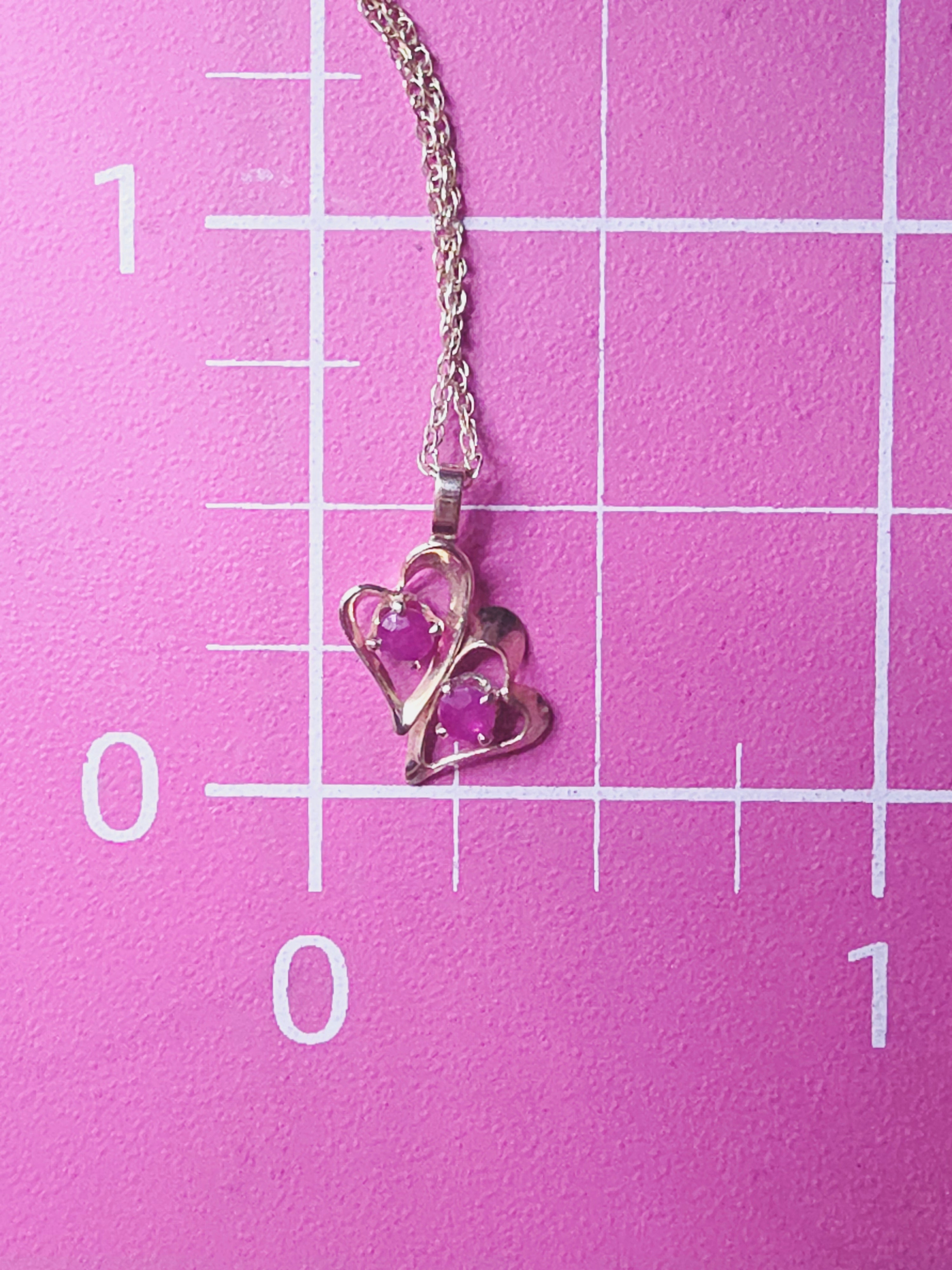 Solid 14K Yellow Gold Double Ruby Heart Pendant Necklace - 18 Inch