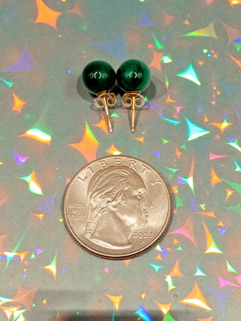 Solid 14K Yellow Gold Stud Earrings with Round Cut Jade