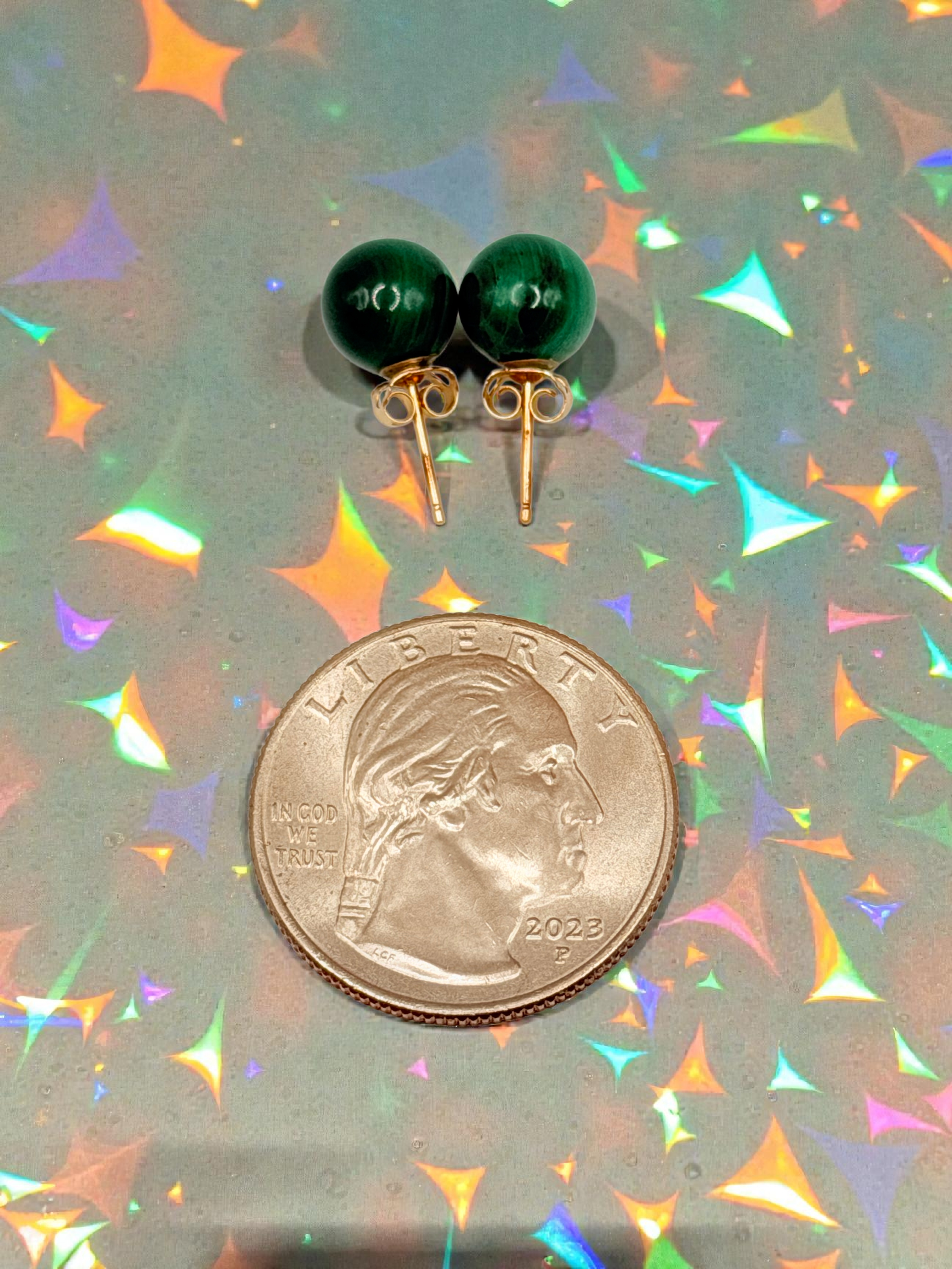 Solid 14K Yellow Gold Stud Earrings with Round Cut Jade