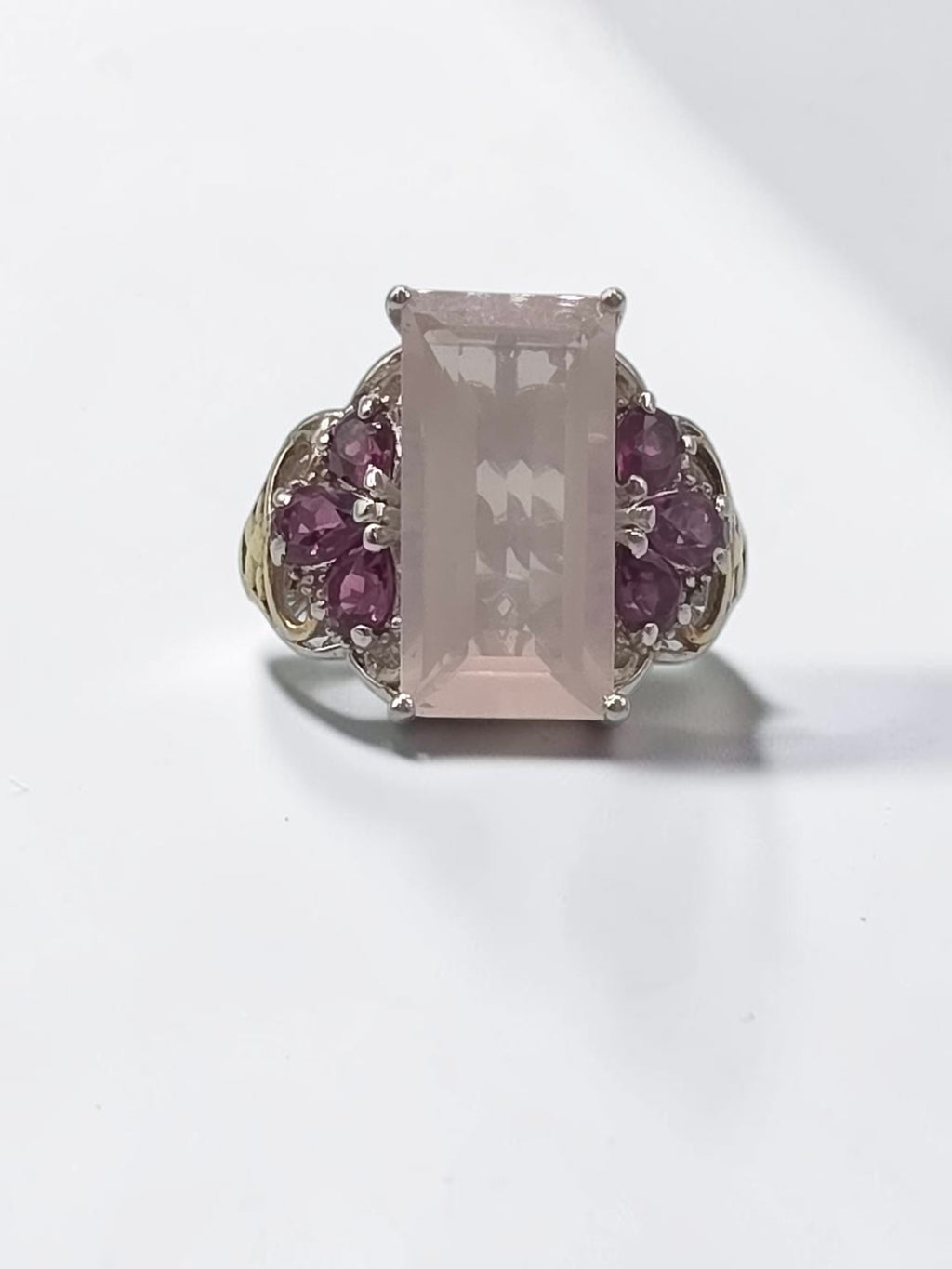 STS Jewels Sterling Silver Pink Quarts & Rhodolite Ring 18K Gold Accents Size 7