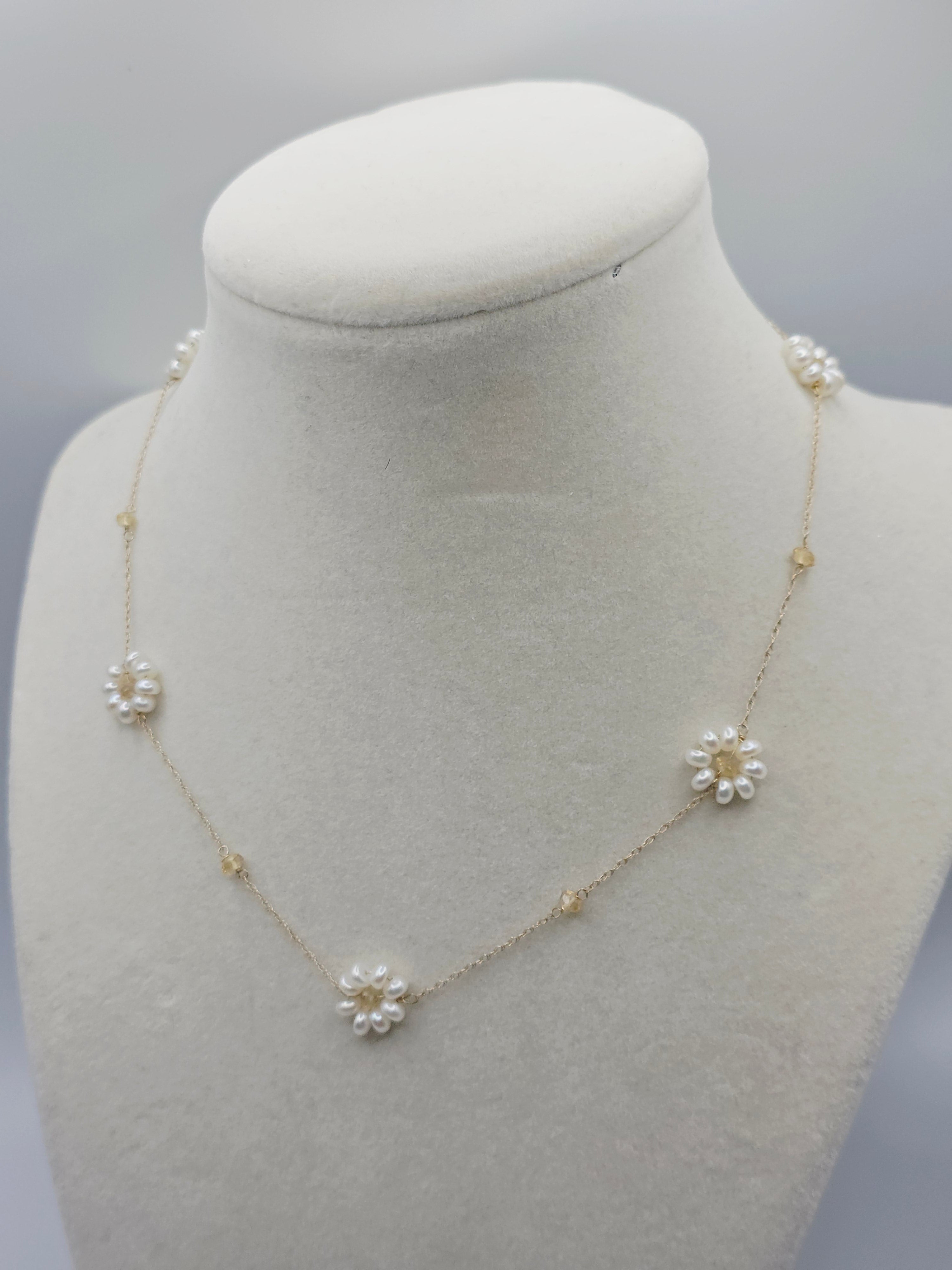 Solid 14K Yellow Gold Chain Necklace with Floral Pearl Accents - 15 Inches