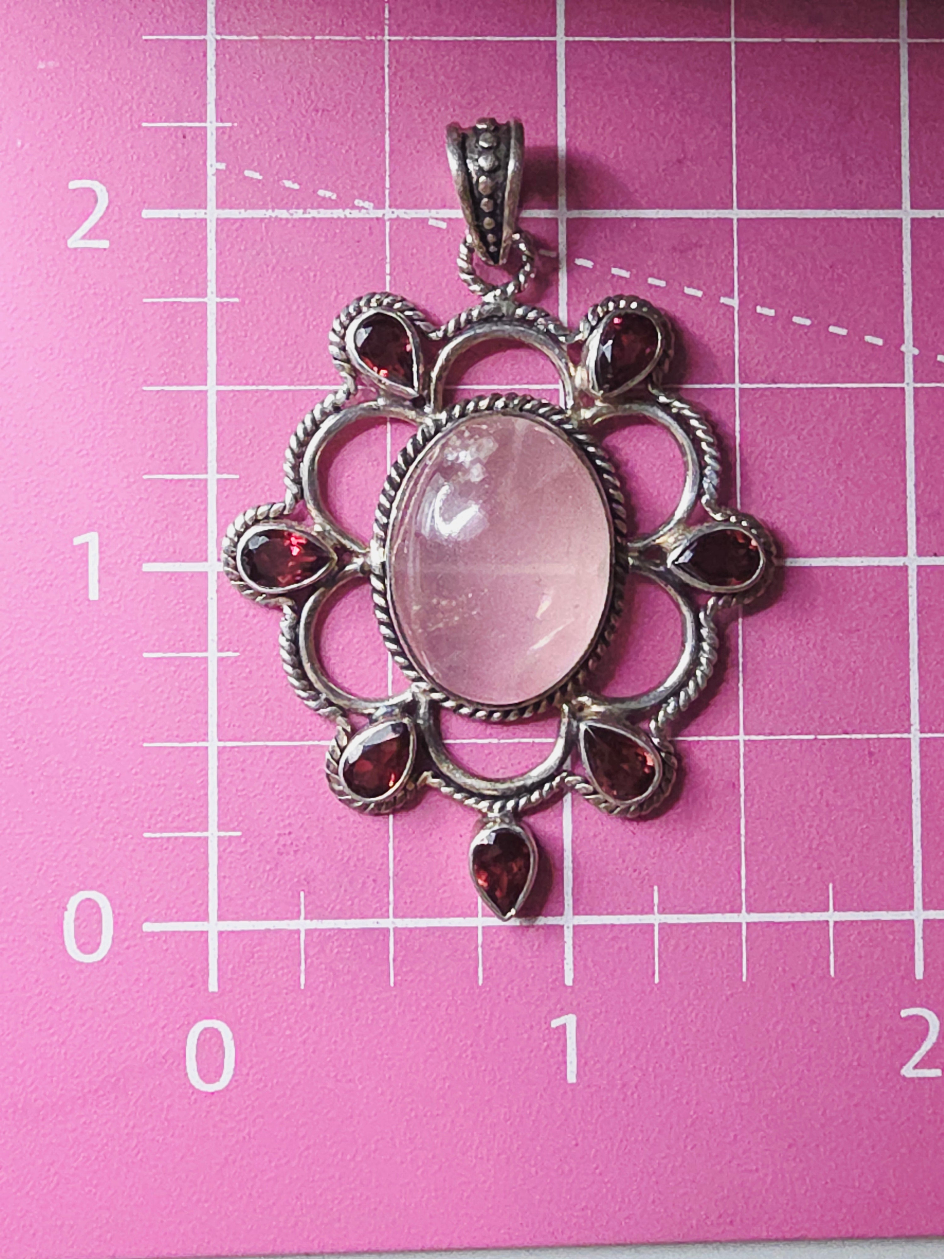 925 Sterling Silver Pendant with Rose Quartz and Rhodolite Garnet Halo
