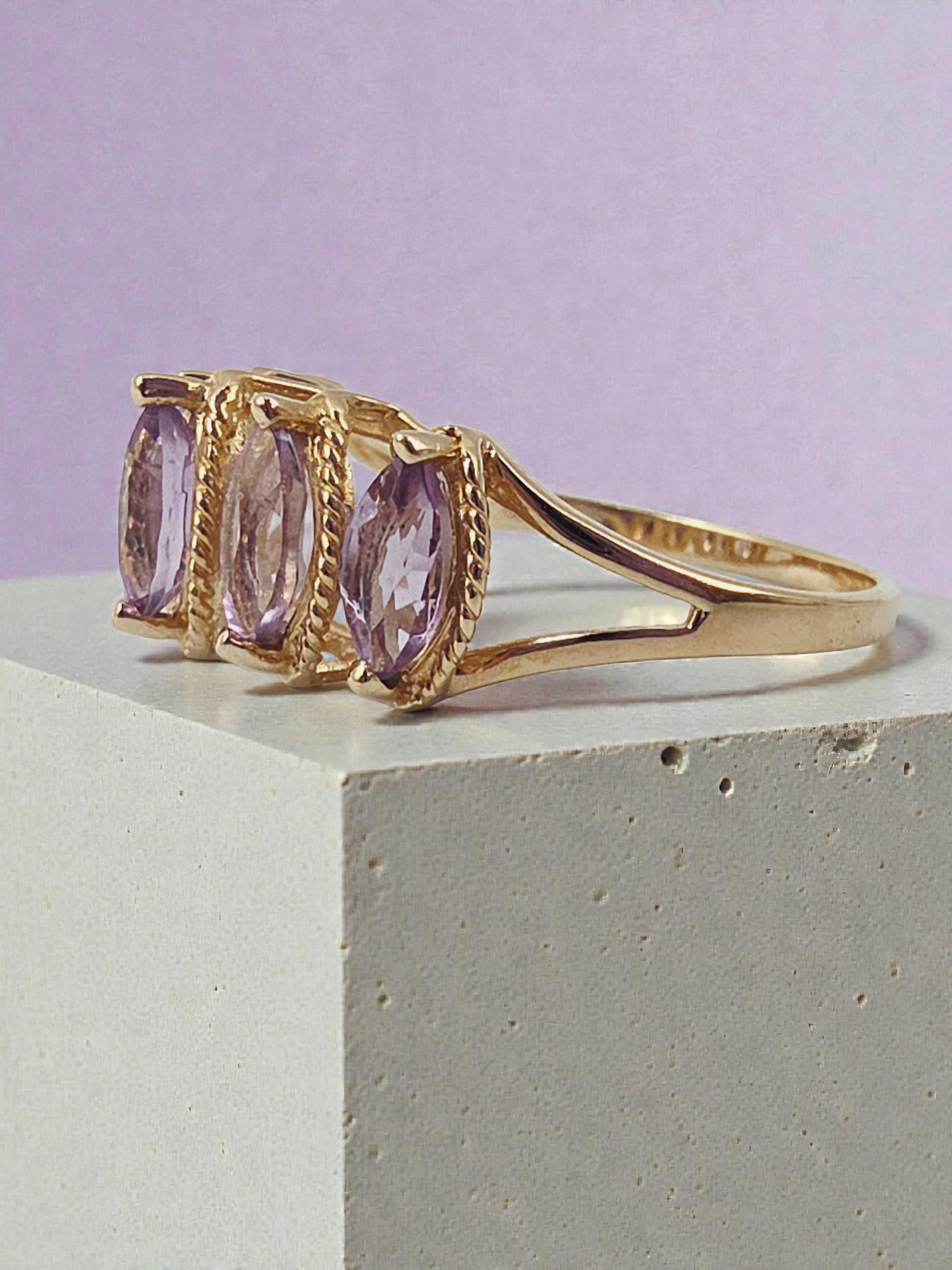 Solid 10K Yellow Gold Ring with Marquise Cut Amethysts Size 7