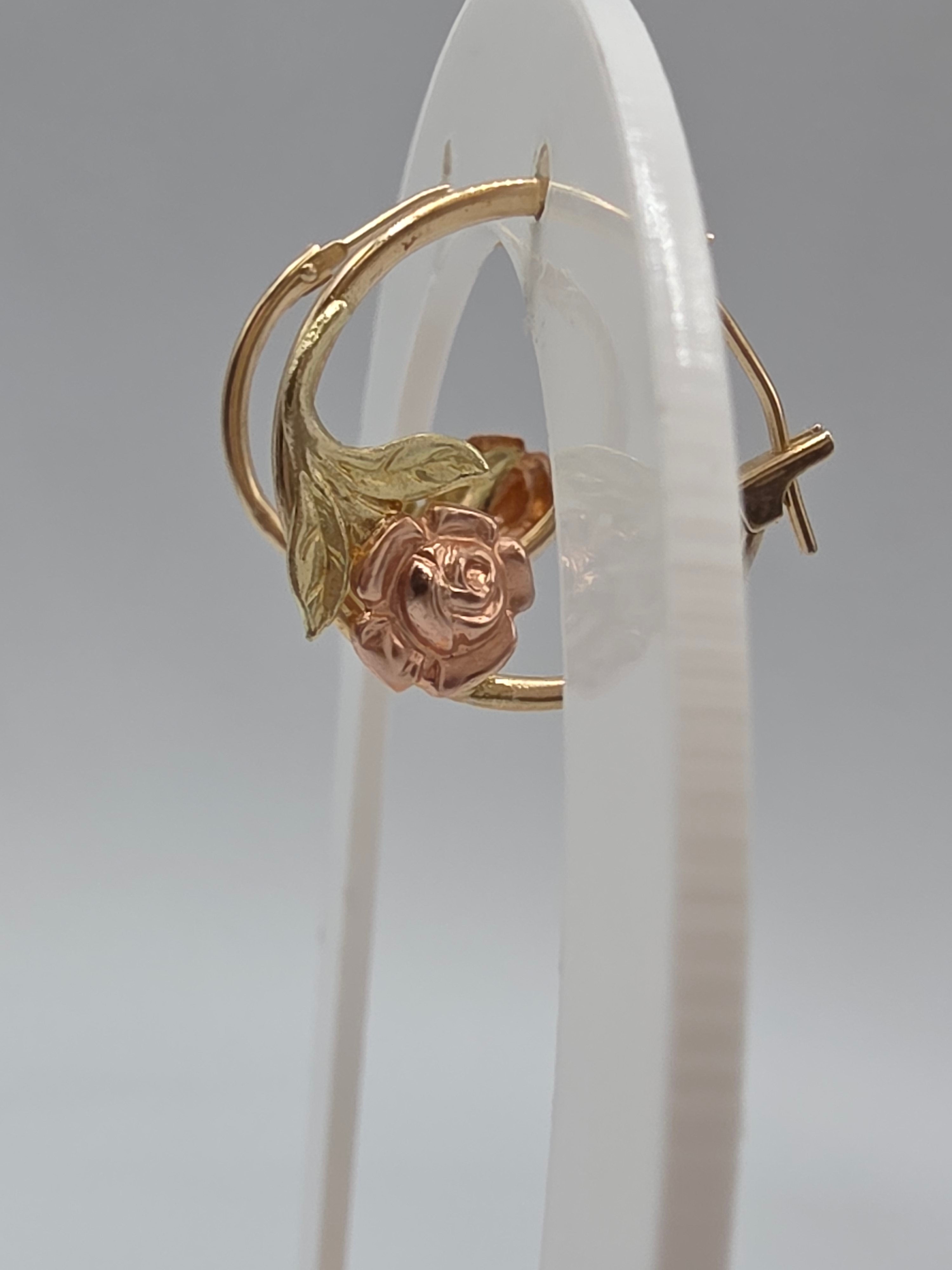 JTS Solid 10K Tri Color Gold Rose Flower Hoop Earrings Yellow Rose Green