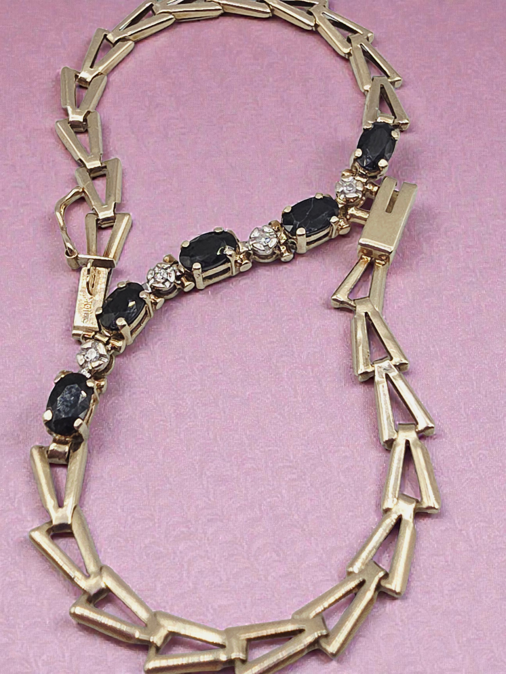 Solid 10K Yellow Gold Bracelet with Blue Sapphires and Diamonds - 7.25 Inch