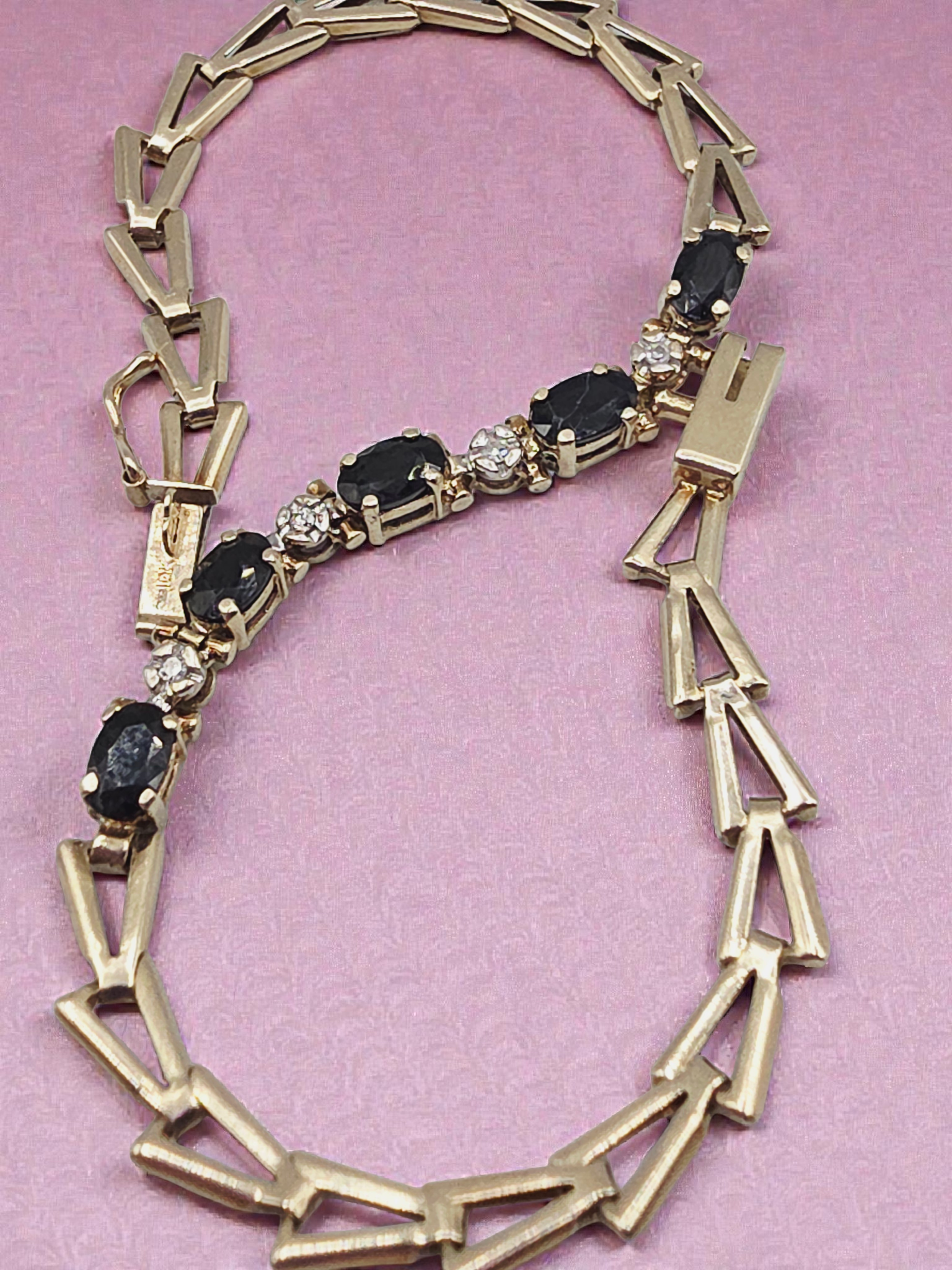 Solid 10K Yellow Gold Bracelet with Blue Sapphires and Diamonds - 7.25 Inch