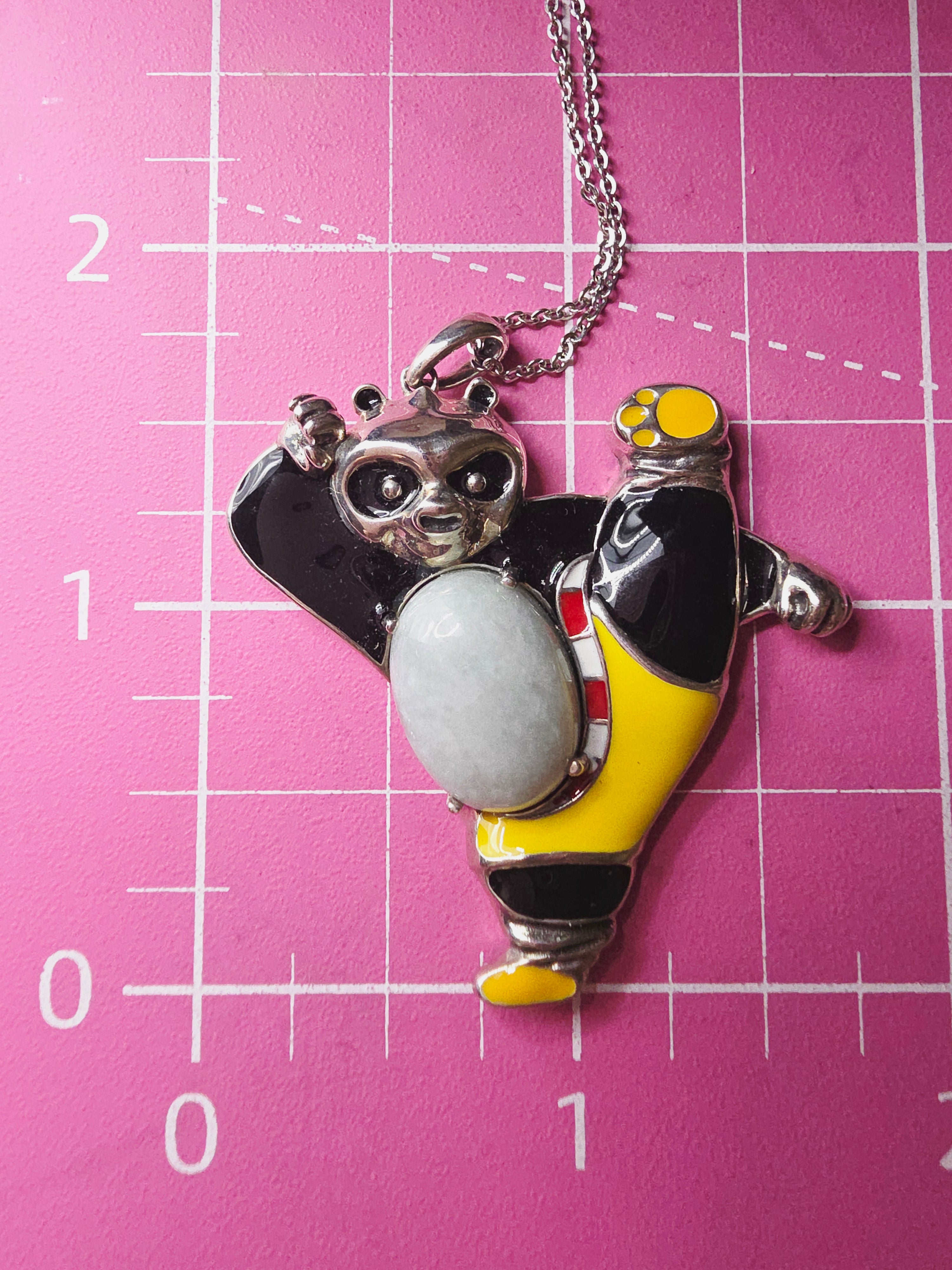 Sterling Silver Kung Fu Panda Pendant Necklace with Jade & Enamel - 18 Inch