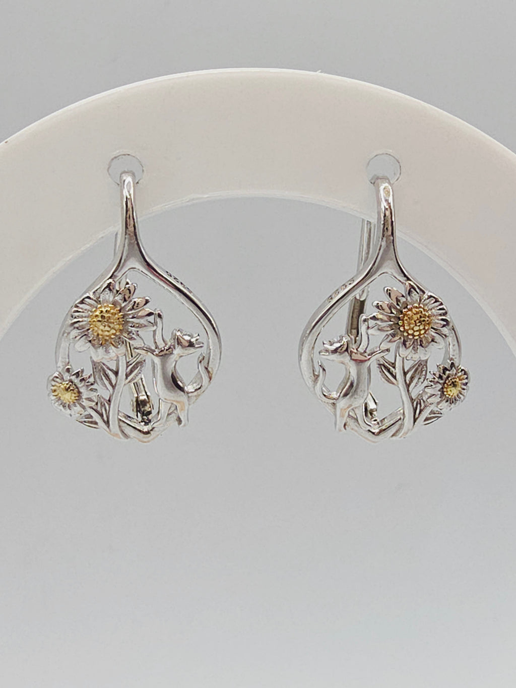 925 Sterling Silver Kitty Cat & Sunflower Leverback Drop Earrings with 24K Gold Accents