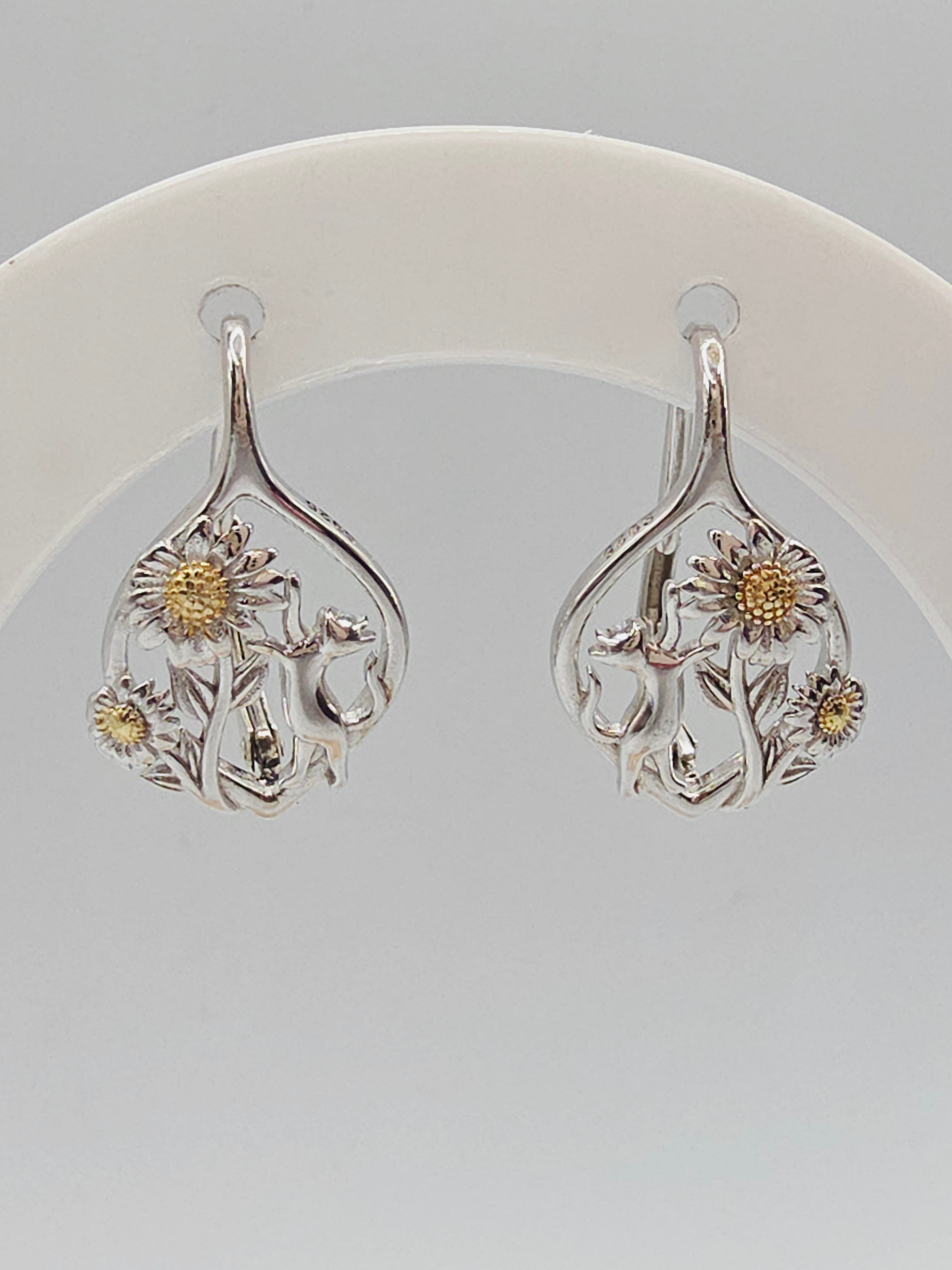925 Sterling Silver Kitty Cat & Sunflower Leverback Drop Earrings with 24K Gold Accents
